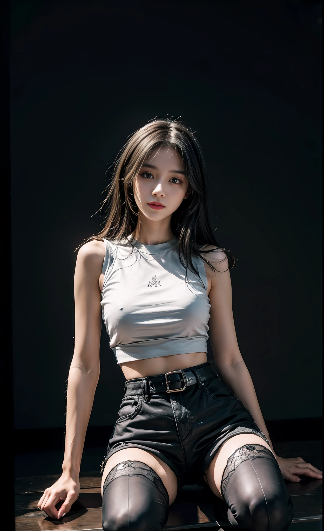 Best quality, masterpiece level, intricate details, high-precision graphics, ultra-HD quality, detailed shadows, fantastic atmosphere, dark background, shadow effect, local light, a pure beauty girl, personal solo display, exquisite and detailed face and eyes, real skin fit, black and white contrast scheme, high waist and slender leg line, shorts with stockings, (sleeveless T-shirt for top, full body presentation),