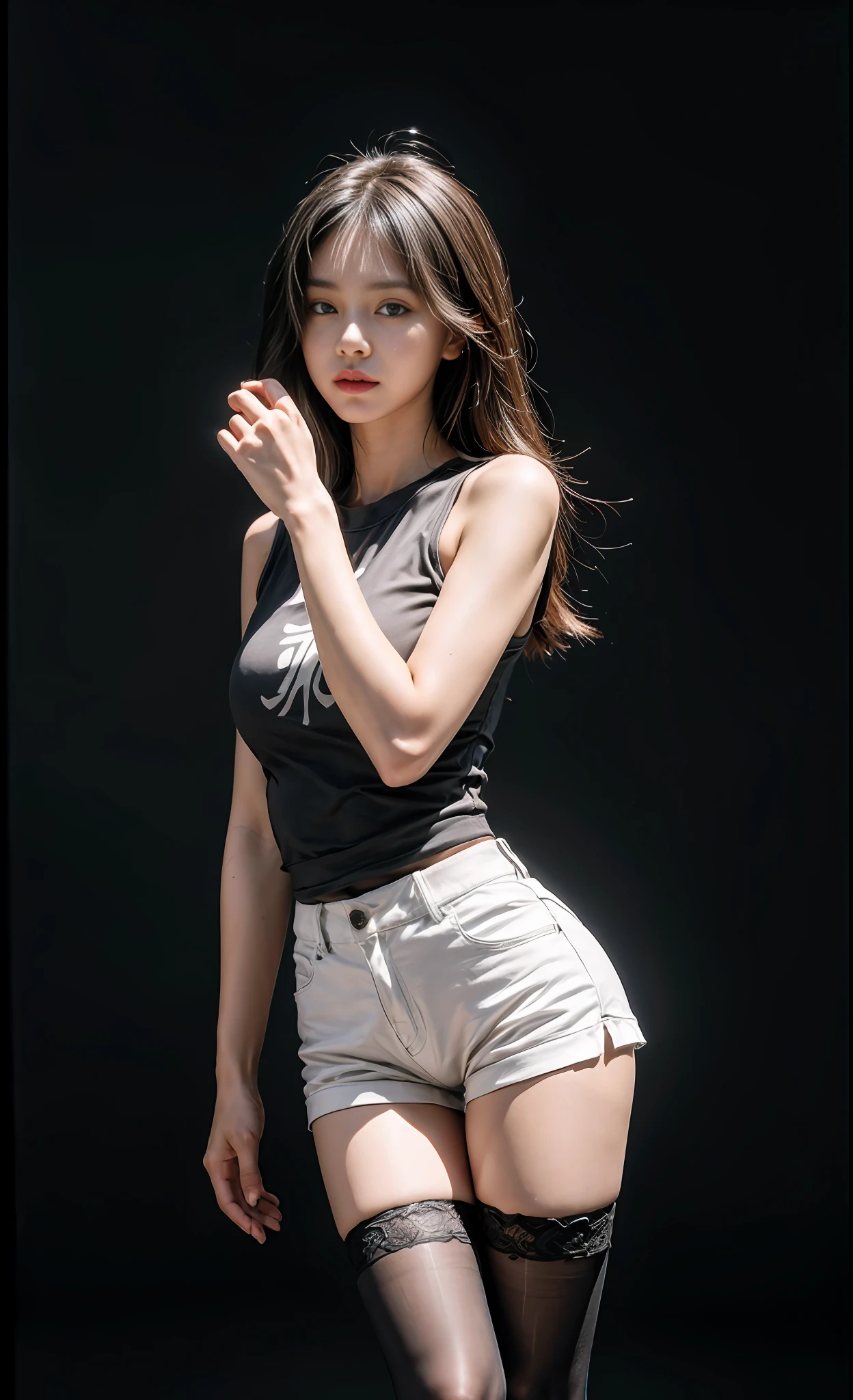 Best quality, masterpiece level, intricate details, high-precision graphics, ultra-HD quality, detailed shadows, fantastic atmosphere, dark background, shadow effect, local light, a pure beauty girl, personal solo display, exquisite and detailed face and eyes, real skin fit, black and white contrast scheme, high waist and slender leg line, shorts with stockings, (sleeveless T-shirt for top, full body presentation),
