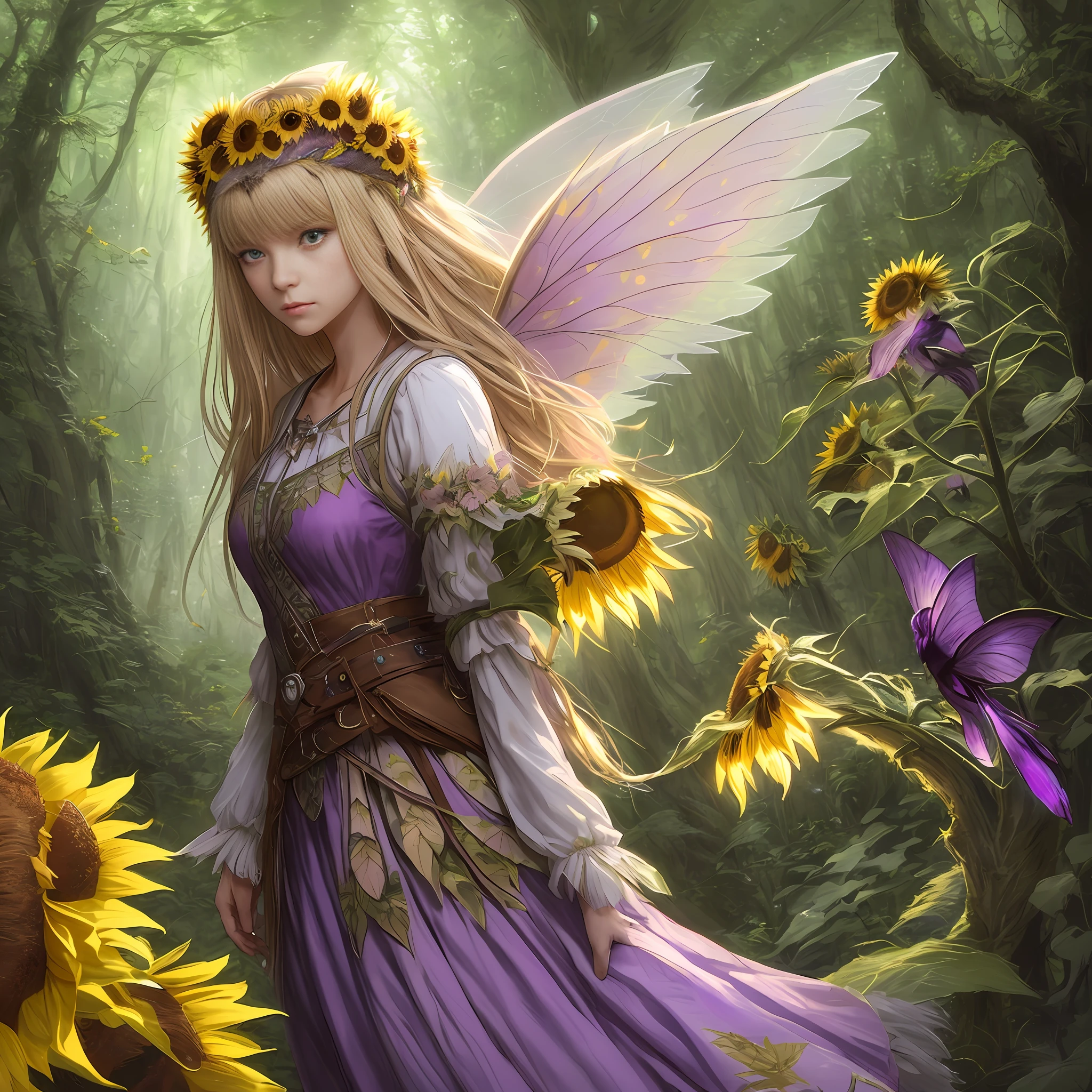 Wide-angle lens for head-to-waist photo, straight blonde hair bangs, a charismatic druid with intricate headdress in an enchanted forest surrounded by bioluminescent flying fairies, anime style, soft lighting, complementary colors, soft skin, screen texture, tight cut, intricate details, detailed eyes, realistic, by Jean-Baptiste Monge:,Artgerm: Greg Rutkowski: Richard Schmid, (((Forest Green))) to (((Fairy Pink))) to (((Twilight Purple))) to (((Sunflower Yellow))) to (((Earth Brown))) to (((Earth Brown)))