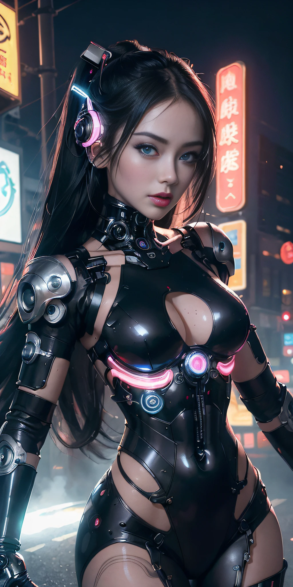 ((hyperrealistic, photorealistic, 8k, intricate details)) , (((masterpieces)))), best quality, ultra-detailed, a hot geisha, full breasts, fleshy lips, silky skin, cyborg, (mechanical limbs), hybrid machine woman, android girl, cyborg queen, robotic goddess, robotic valkyrie, mechanical diva, divine circuits, ex-machina goddess, transhuman maiden, cybernetic goddess, cybernetic eroticism, with flowing hair, dynamic angle, dynamic pose, (1 girl), blue eyes,  Black hair, cybernetic kimono, neck body mechanisms, gorgeous beautiful face, neon lighting, multicolored neon cloud, neon twilight, cybernetic city, wide plane, neon watercolor (accentuated depth of field).