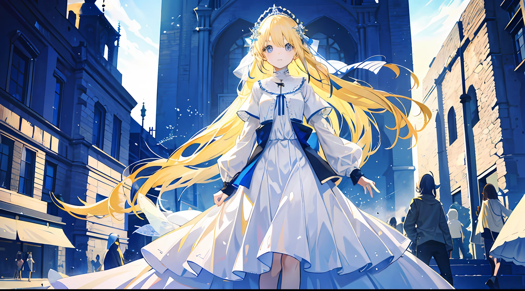 A little girl, beautiful, otherworldly, elegant, full body, long blonde hair, simple dress, white and blue long dress, Western-style medieval town, square, crowd surrounded, gentle