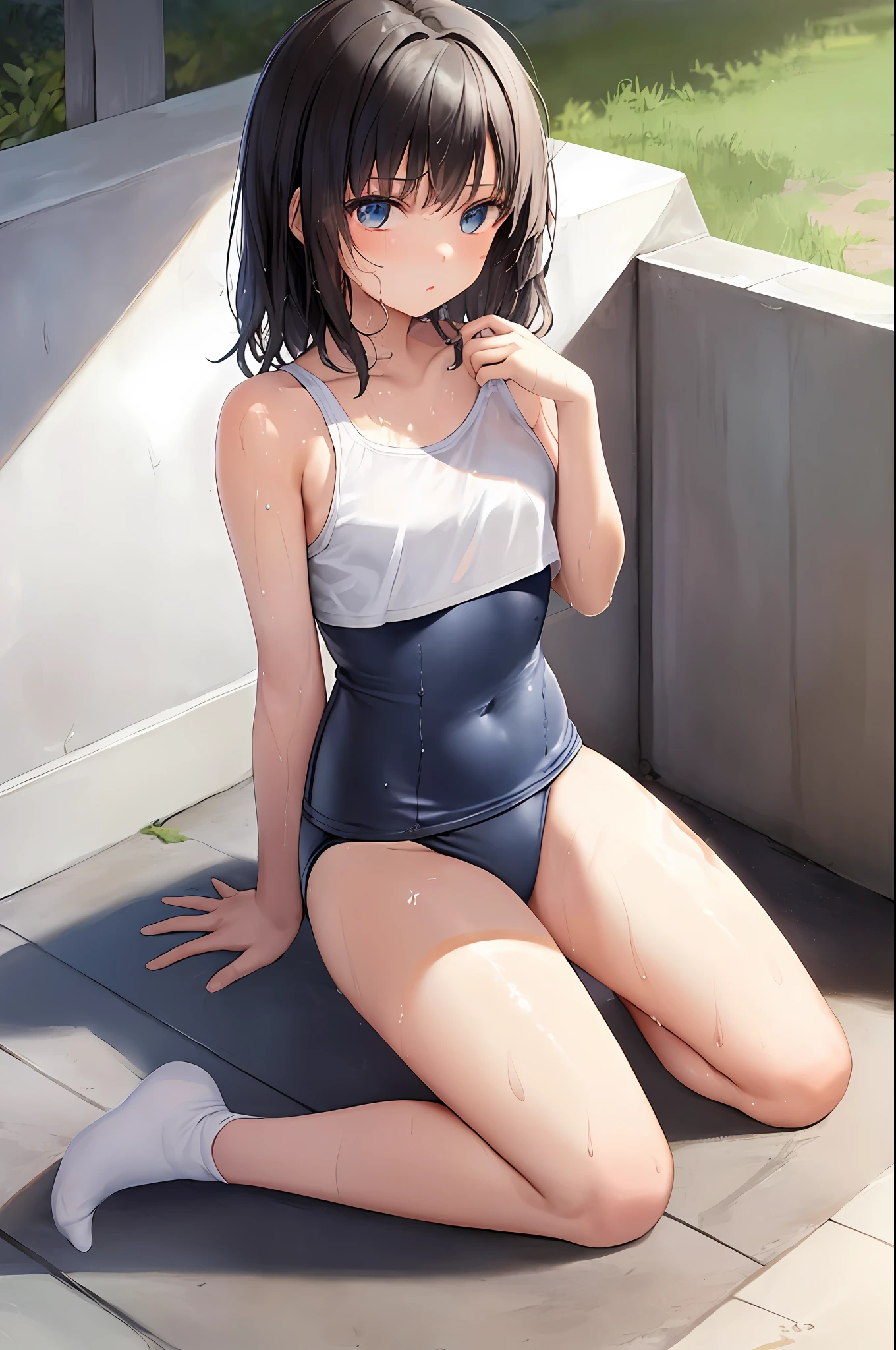 Very cute  girl,
Black hair, with bangs, princess cut, blue eyes, flat chest, school swimsuit, wet body, wet hair,
Summer, School Pool, Sitting, Kneeling
Solo, 1girl,
Blake.
(Masterpiece, Top quality, Superdetail)
<Lola: flat 2:-0.2