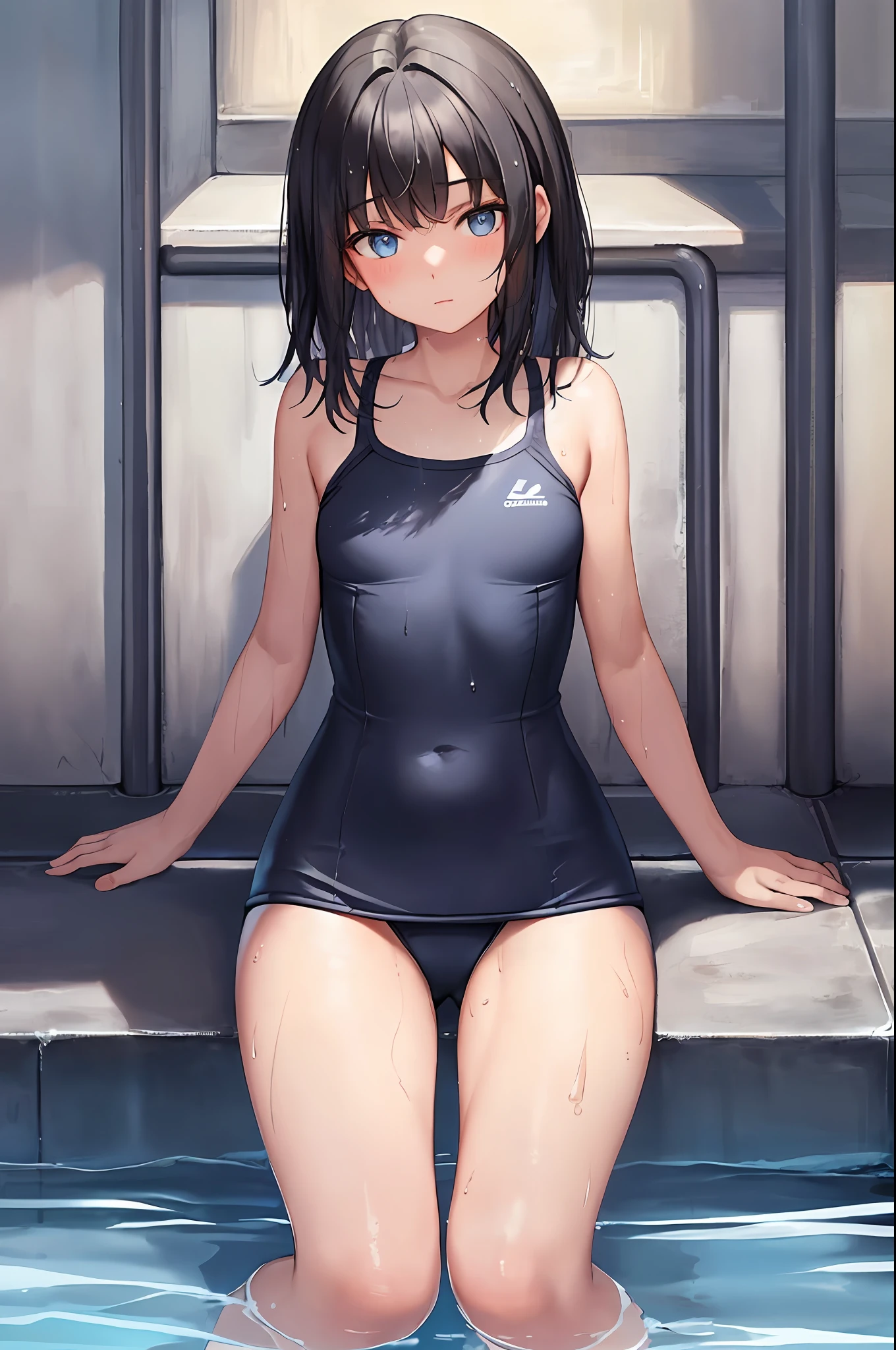 Very cute girl,
Black hair, with bangs, princess cut, blue eyes, flat chest, school swimsuit, wet body, wet hair,
Summer, School Pool, Sitting, Kneeling
Solo, 1girl,
Blake.
(Masterpiece, Top quality, Superdetail)
<Lola: flat 2:-0.2