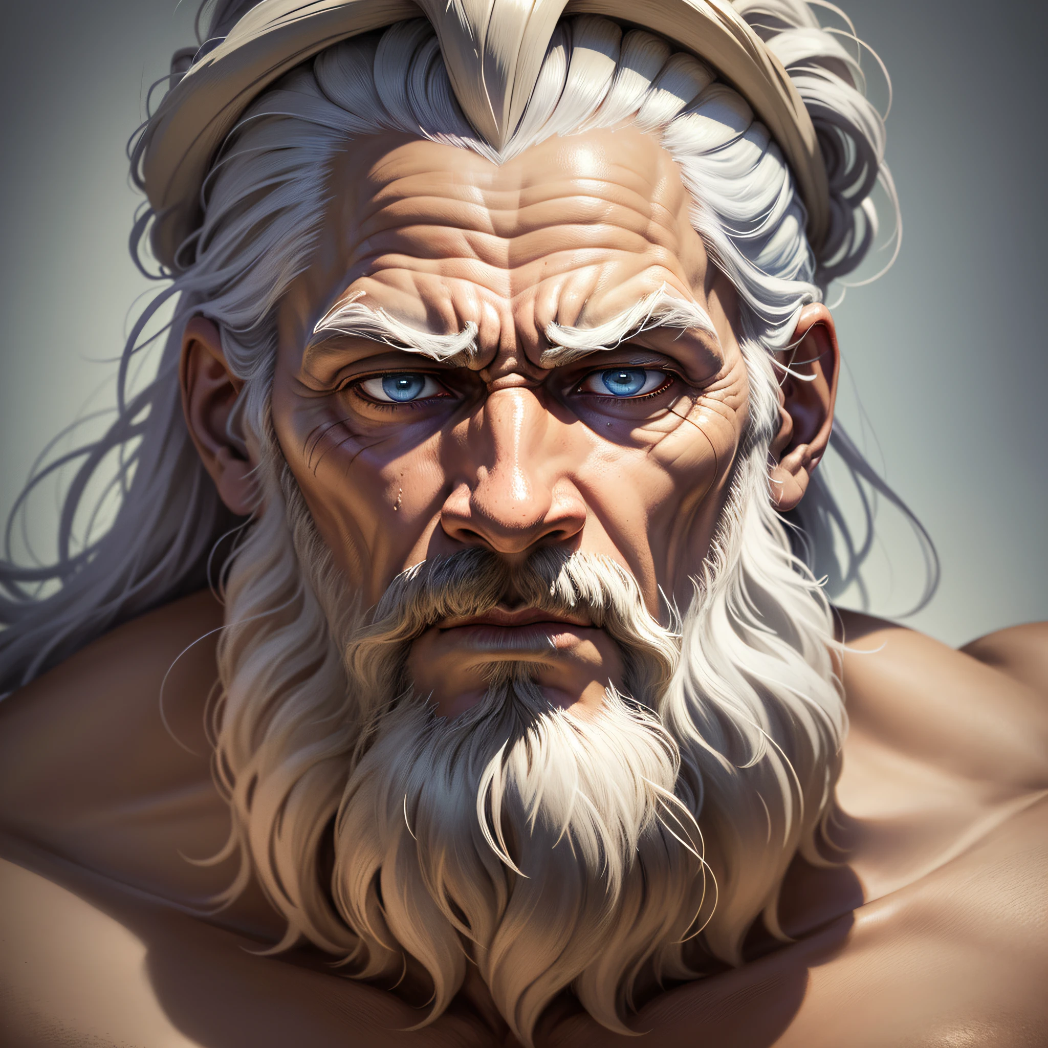Only the whole face and head in the close image of a bearded man, face with skin colors, epictetus, portrait Zeus, Father Time, Furious God Zeus, Painted Portrait of Zeus, Moses, the God Zeus, Stoic Face, Divine and Stoic, stoicism, incredible resemblance, old wise, Michelangelo ArtStyle, Greek God, epictect face, hyper-realist, Roman God, and his facial expressions have deep sadness and excess thought, colors are silenced and faded, to emphasize the seriousness of the scene. 8K - -Auto - -S2 --auto --s2