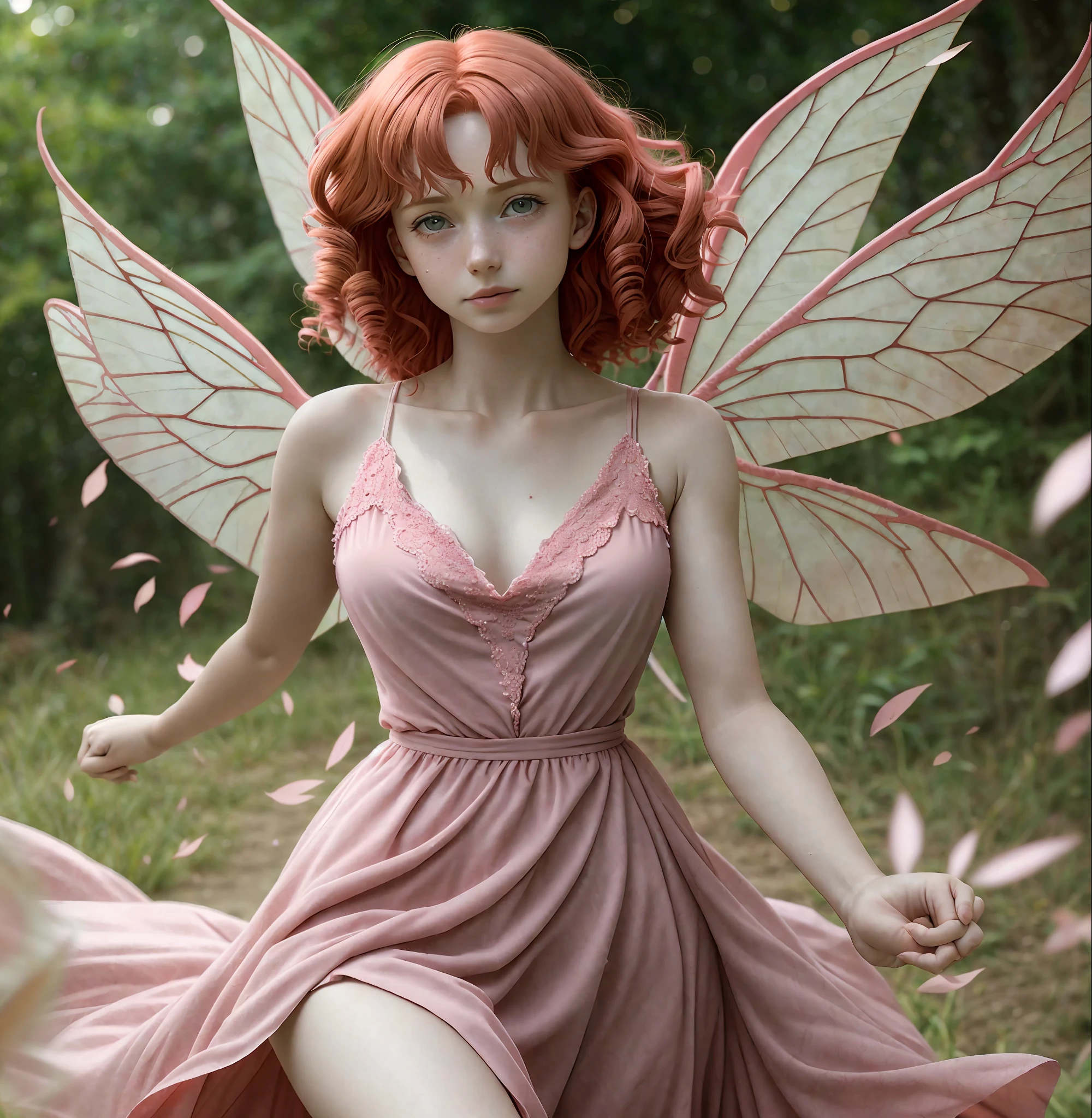 (masterpiece, best quality, high resolution: 1.4), 1girl, fairy wings pink dress, curly red hair, HD, photography, film, cinematic, full body, realistic, (8k, RAW photo, best quality, masterpiece: 1.2), (realistic, photo-realistic: 1.33), best quality, detailed eyes, beautiful, natural lighting, depth of field, film grain, wrinkled skin, sharp