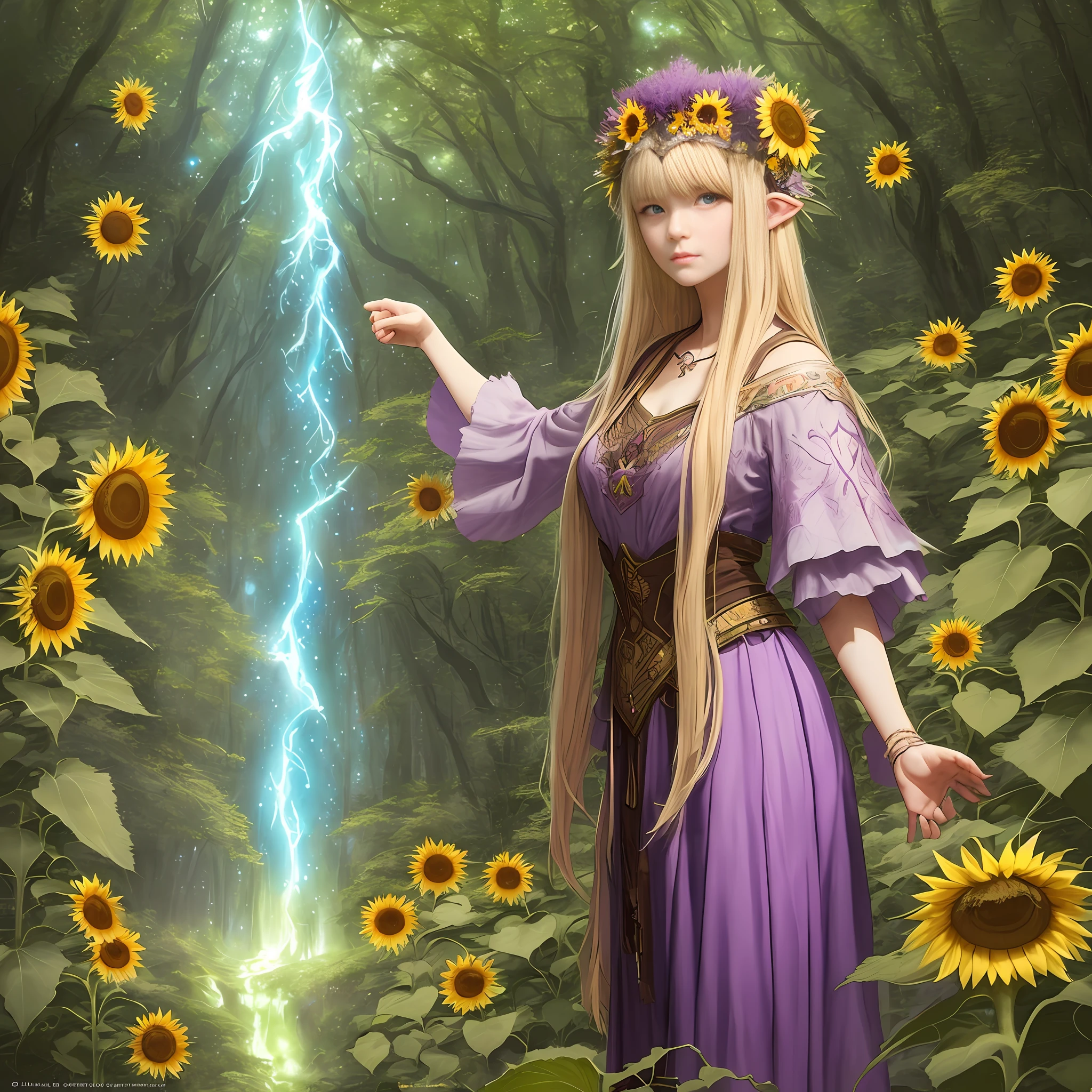 Wide-angle lens for head-to-waist photo, straight blonde hair bangs, a charismatic druid with intricate headdress in an enchanted forest surrounded by bioluminescent flying fairies, anime style, soft lighting, complementary colors, soft skin, screen texture, tight cut, intricate details, detailed eyes, realistic, by Jean-Baptiste Monge:,Artgerm: Greg Rutkowski: Richard Schmid, (((Forest Green))) to (((Fairy Pink))) to (((Twilight Purple))) to (((Sunflower Yellow))) to (((Earth Brown))) to (((Earth Brown)))