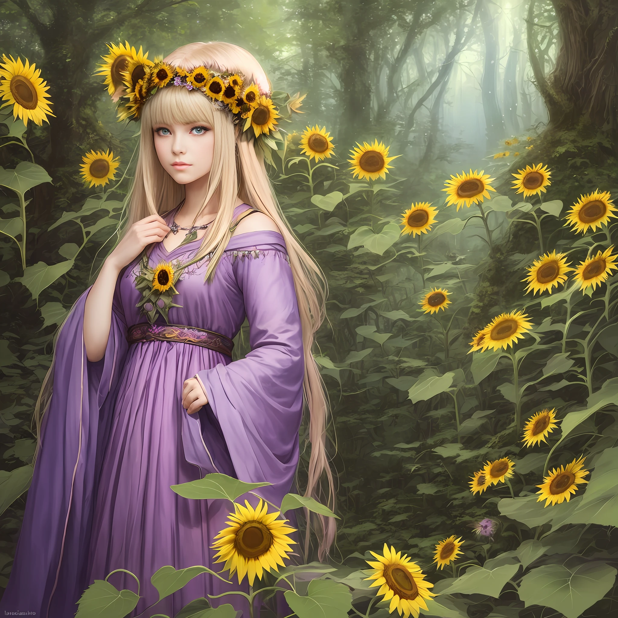 Wide-angle lens for head-to-waist photo, straight blonde hair bangs, a charismatic druid with intricate headdress in an enchanted forest surrounded by bioluminescent flying fairies, anime style, soft lighting, complementary colors, soft skin, screen texture, tight cut, intricate details, detailed eyes, realistic, by Jean-Baptiste Monge:,Artgerm: Greg Rutkowski: Richard Schmid, (((Forest Green))) to (((Fairy Pink))) to (((Twilight Purple))) to (((Sunflower Yellow))) to (((Earth Brown))) to (((Earth Brown)))