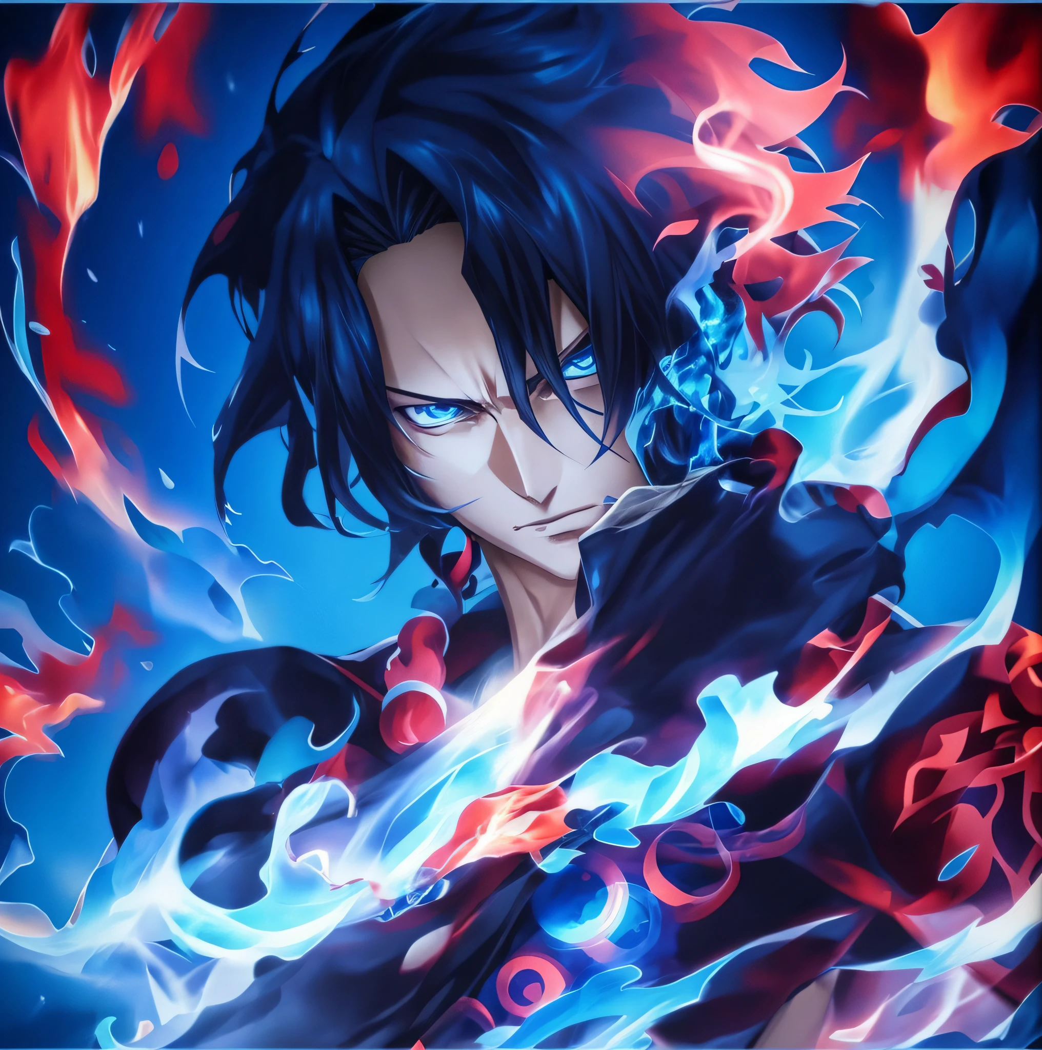 anime character with blue flames on his chest and chest, (fire), cute guy in One Piece art, detailed fanart, gorgeous, gorgeous digital anime art, badass 8k anime, fire! full body, cute, 8k, One Piece's Ace character, unreal engine 5, 3D animation