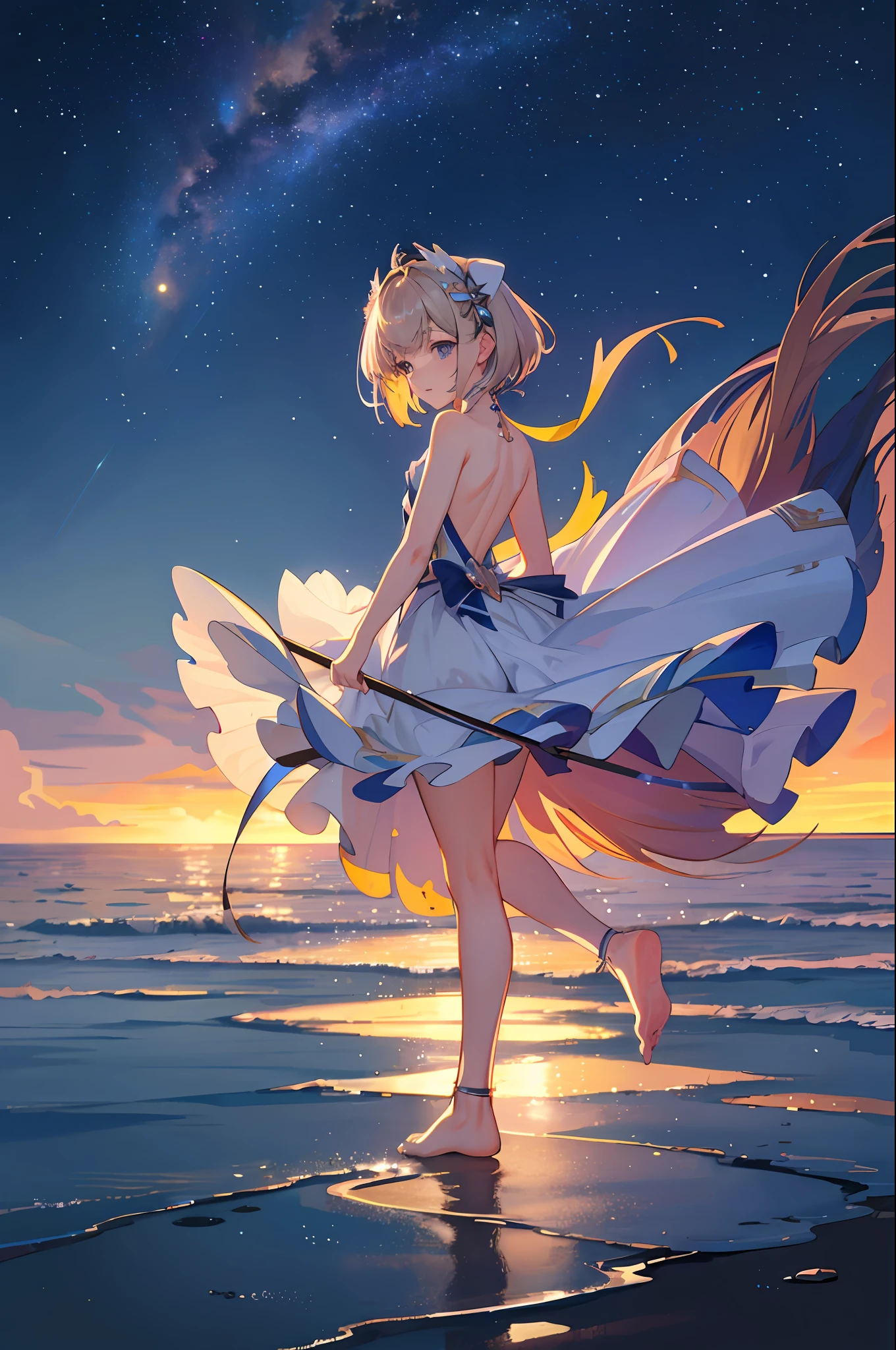 meticulous CG8, masterpiece, hyper detail, best quality, exquisite and beautiful, best lighting, fine rendering, looking at the audience, loli, full body, a girl, single, cute, beautiful moving, standing, double tail, deep eyes, beautiful detailed starry sky, sky, horizon, coast, naked, naked