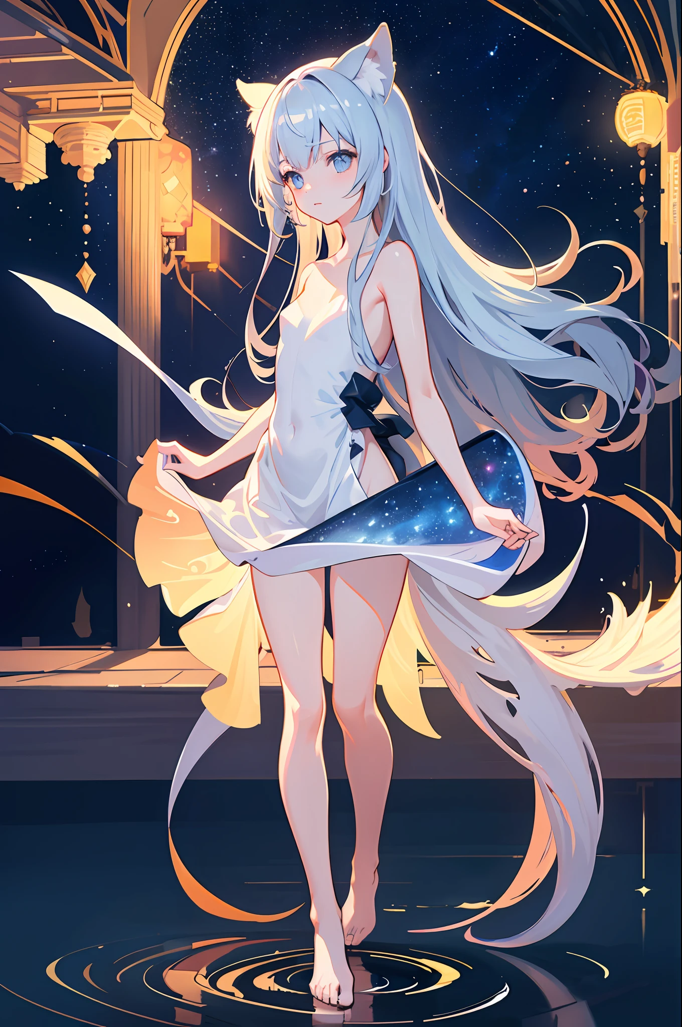 meticulous CG8, masterpiece, hyper detail, best quality, exquisite and beautiful, best lighting, fine rendering, looking at the audience, loli, full body, a girl, single, cute, beautiful moving, standing, double tail, deep eyes, beautiful detailed starry sky, sky, horizon, coast, naked, naked