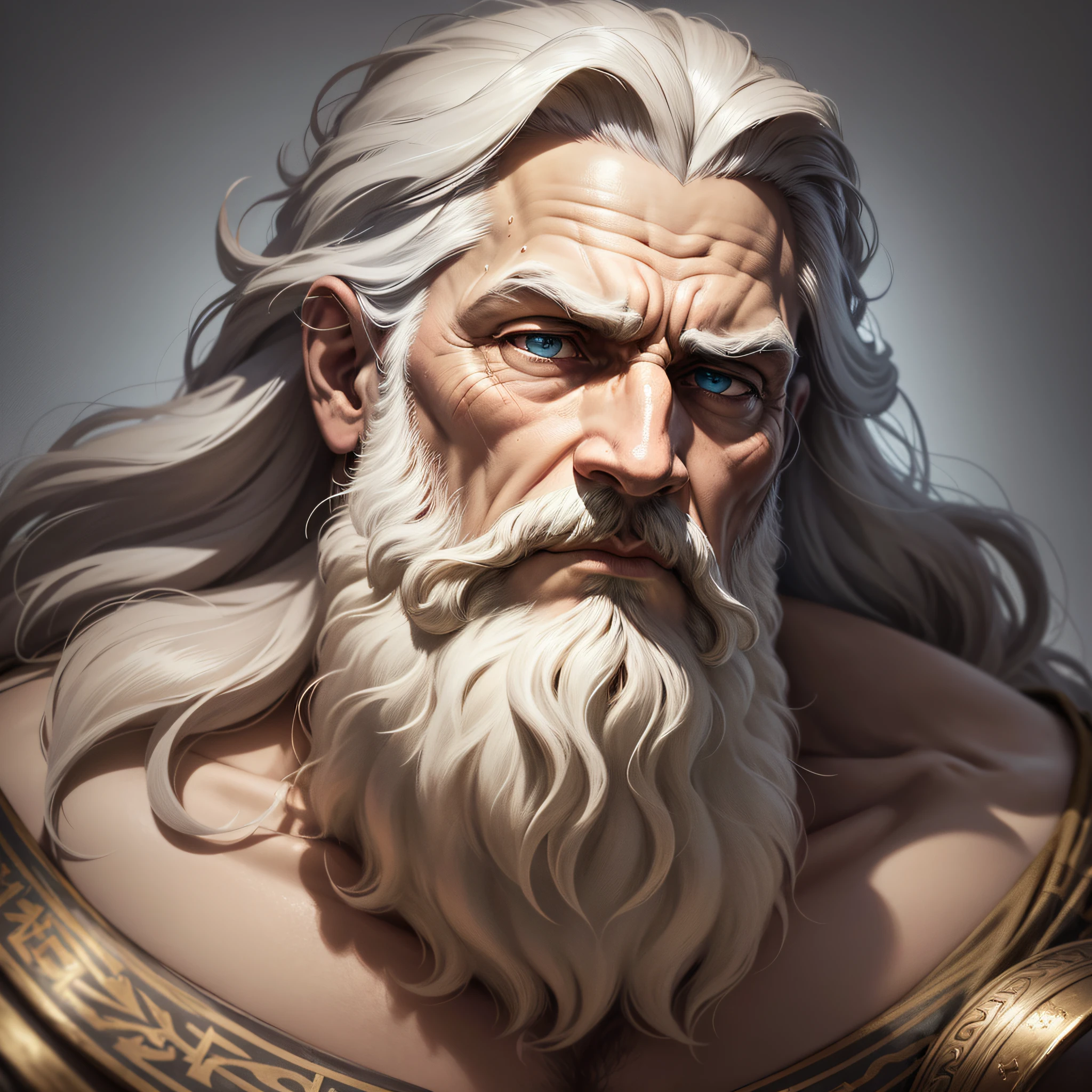Only the close face of a bearded man, face -colored face, epictetus, portrait Zeus, Father Time, Furious God Zeus portrait of Zeus, Moses, The God Zeus, Stoic, Divine and Stoic Face, Stoicism, Amazing resemblance, old wise, Michelangelo ArtStyle, Greek god, epictet's face, hyper-realist, Roman God, and his facial expressions bring deep sadness and excess thought, colors are silenced and faded to emphasize the seriousness of the scene. 8K - -Auto - -S2 --auto --s2