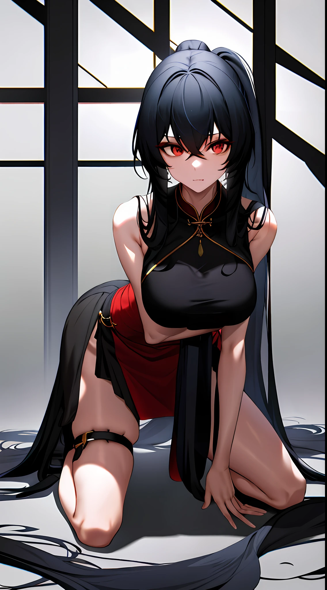 Two-dimensional, black-haired girl, very long hair, high ponytail, tall figure, big chest, cheongsam, black silk, high heels, very thin waist, long legs, thin legs, bare shoulders, bare legs, bare chest, super clear, a lot of details, kneeling, flushed, drenched, sweaty