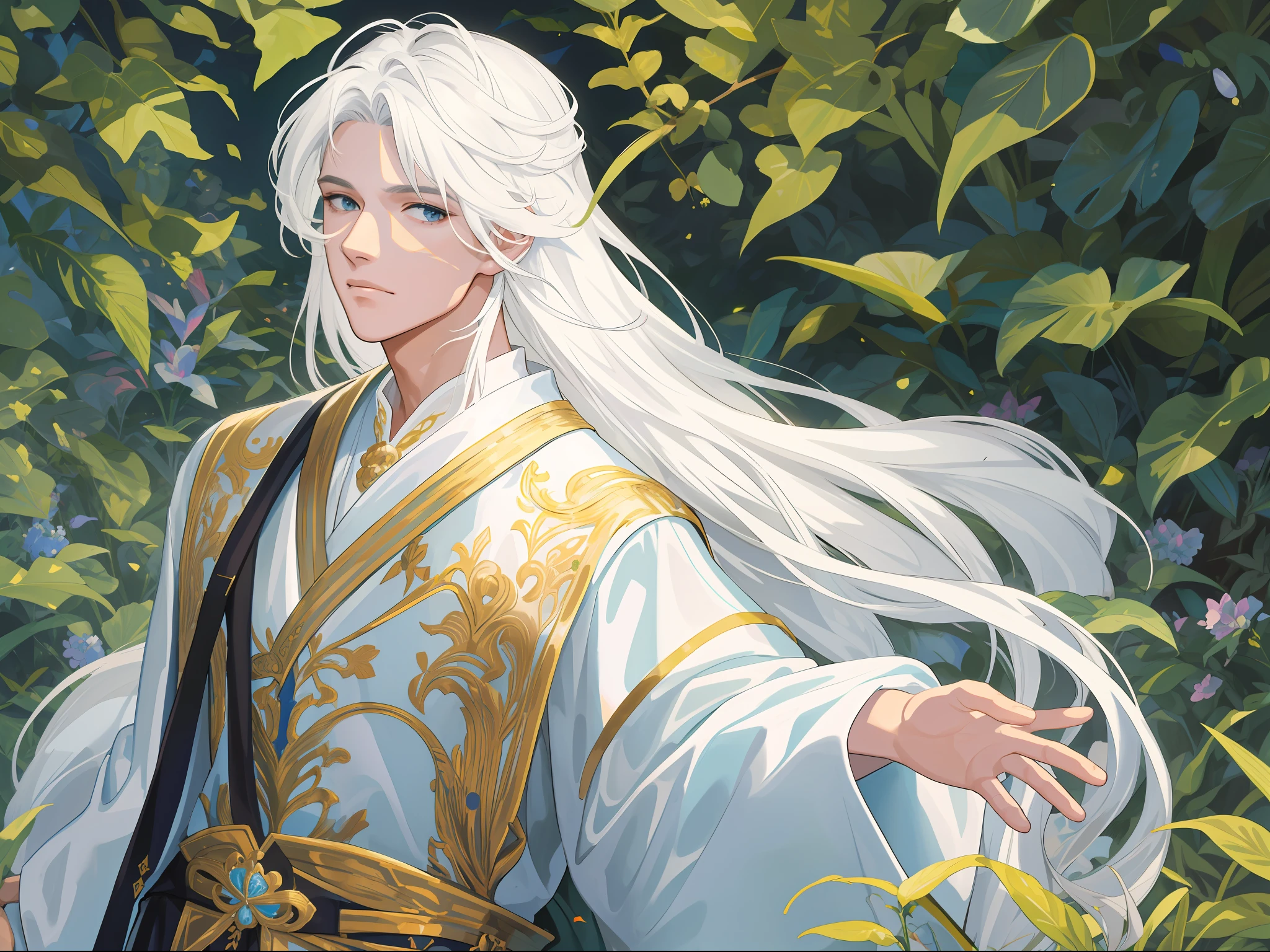 Masterpiece, super-fine, semi-realistic, detailed facial features, 1boy, white hair, long hair, wearing exquisite fairy costumes