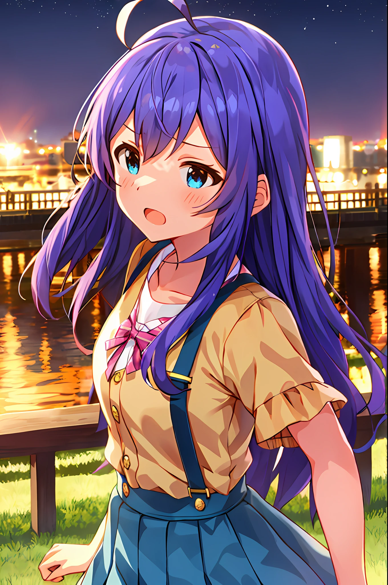 Anna Mochizuki (Million Live), (Top Quality, 8K, Masterpiece, Super Detail: 1.2), 1 Girl, Suspender Clothes.Skirt.Blushing, Clavicle, Bow, Ribbon, Blue Bow.Night.Night View.Outdoors.Fighting Stance.Despair Face.Open Mouth.