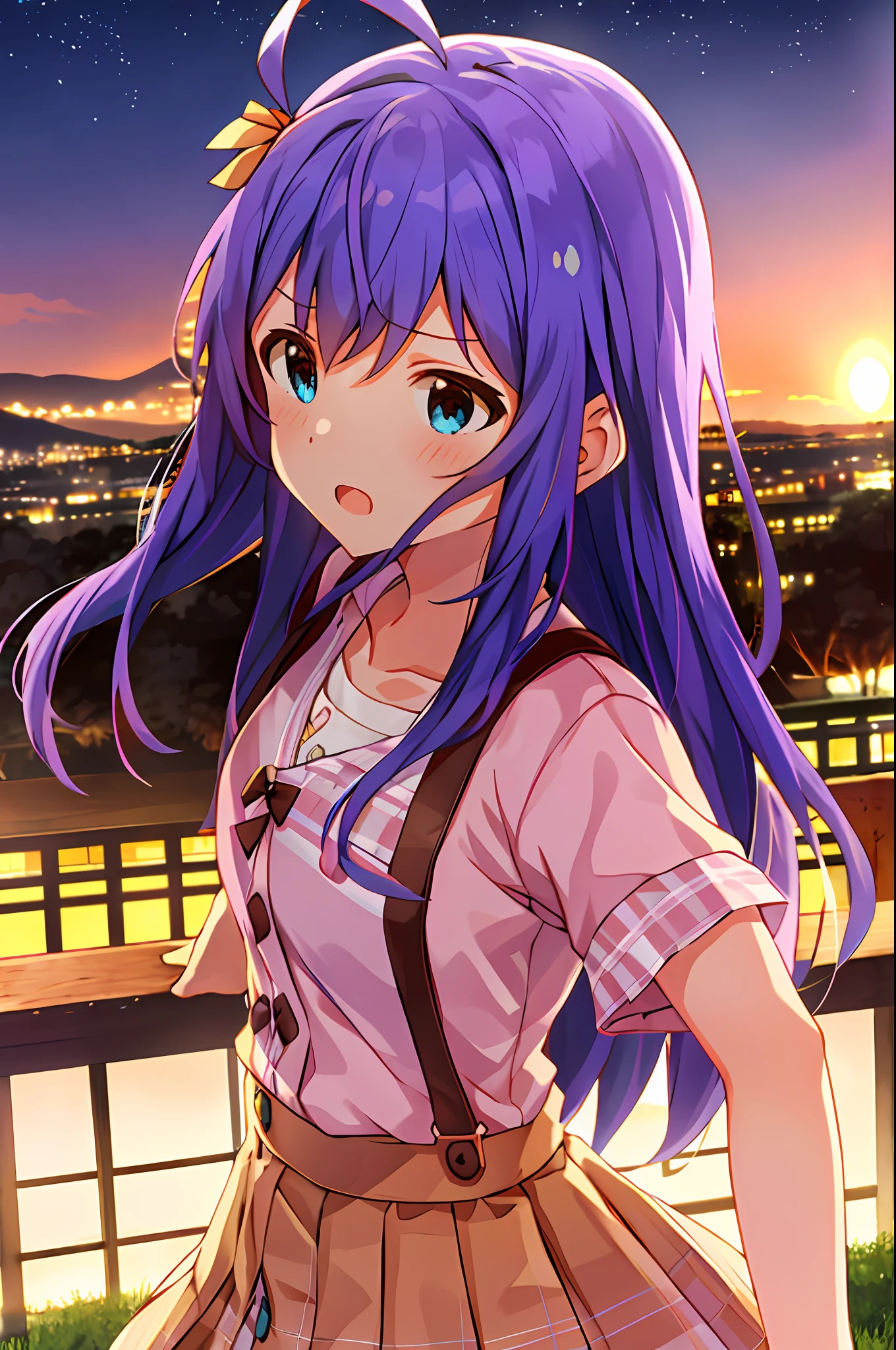 Anna Mochizuki (Million Live), (Top Quality, 8K, Masterpiece, Super Detail: 1.2), 1 Girl, Suspender Clothes.Skirt.Blushing, Clavicle, Bow, Ribbon, Blue Bow.Night.Night View.Outdoors.Fighting Stance.Despair Face.Open Mouth.