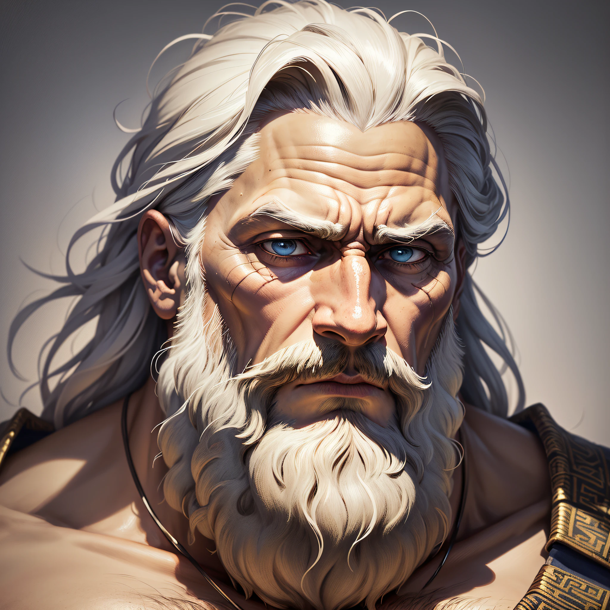 Only the whole face and head in the close image of a bearded man, face with skin colors, epictetus, portrait Zeus, Father Time, Furious God Zeus, Painted Portrait of Zeus, Moses, the God Zeus, Stoic Face, Divine and Stoic, stoicism, incredible resemblance, old wise, Michelangelo ArtStyle, Greek God, epictect face, hyper-realist, Roman God, and his facial expressions have deep sadness and excess thought, colors are silenced and faded, to emphasize the seriousness of the scene. 8K - -Auto - -S2 --auto --s2