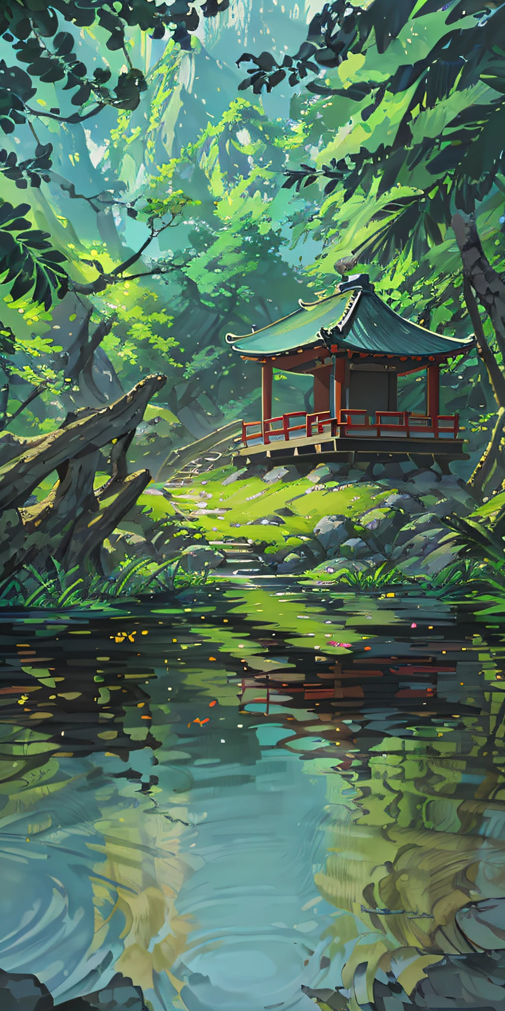 Chinese ancient times, spring, jungle, lake, cave, waterfall, tree, meadow, rock, deer, hot spring, water vapor, (illustration: 1.0), epic composition, realistic lighting, HD details, masterpiece, best quality, (very detailed CG unified 8k wallpaper) --v 6