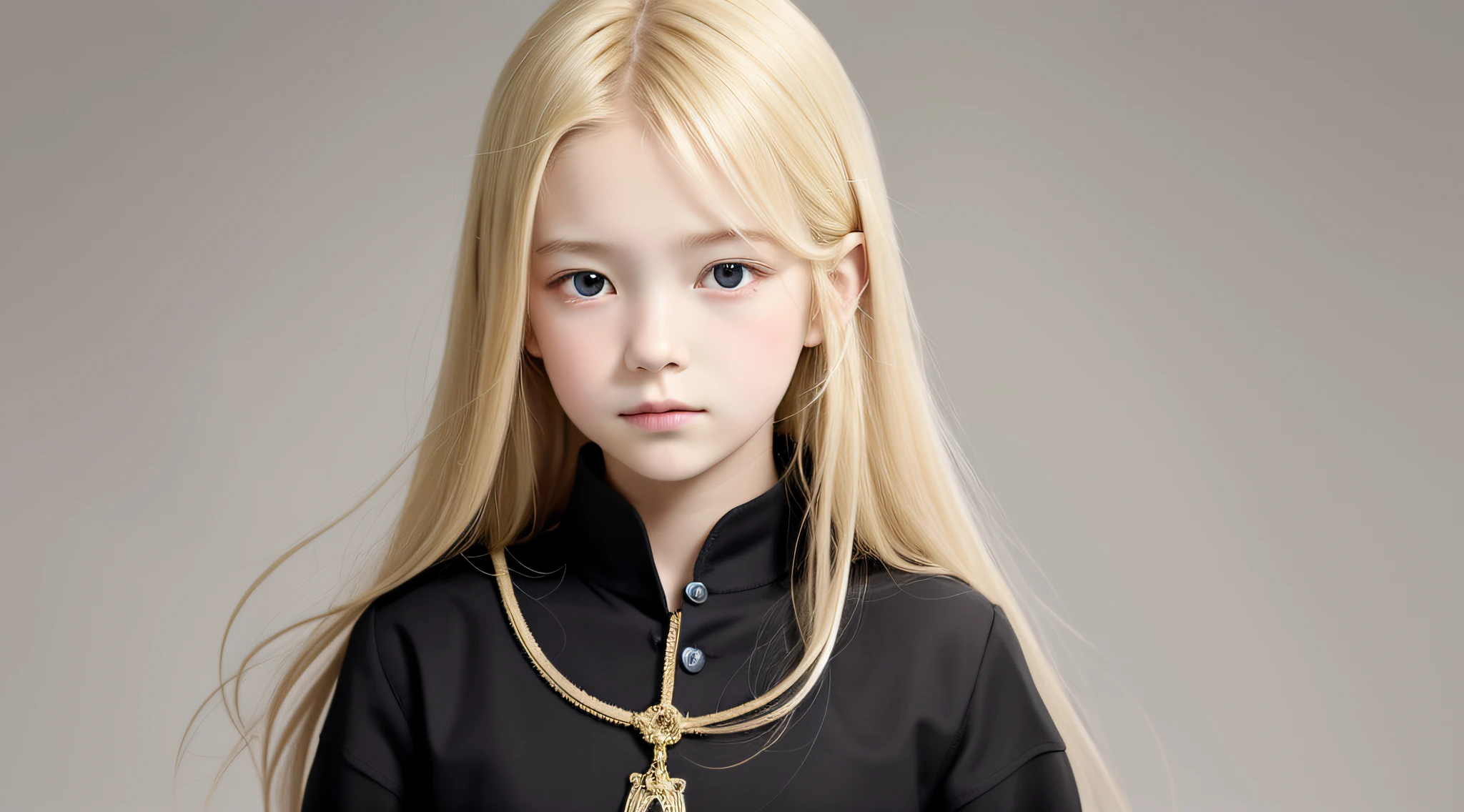 Masterpiece, best quality, realistic, girl with blonde hair, long hair, broad shoulders, small head, upper body, (white background: 1.3), closed mouth.