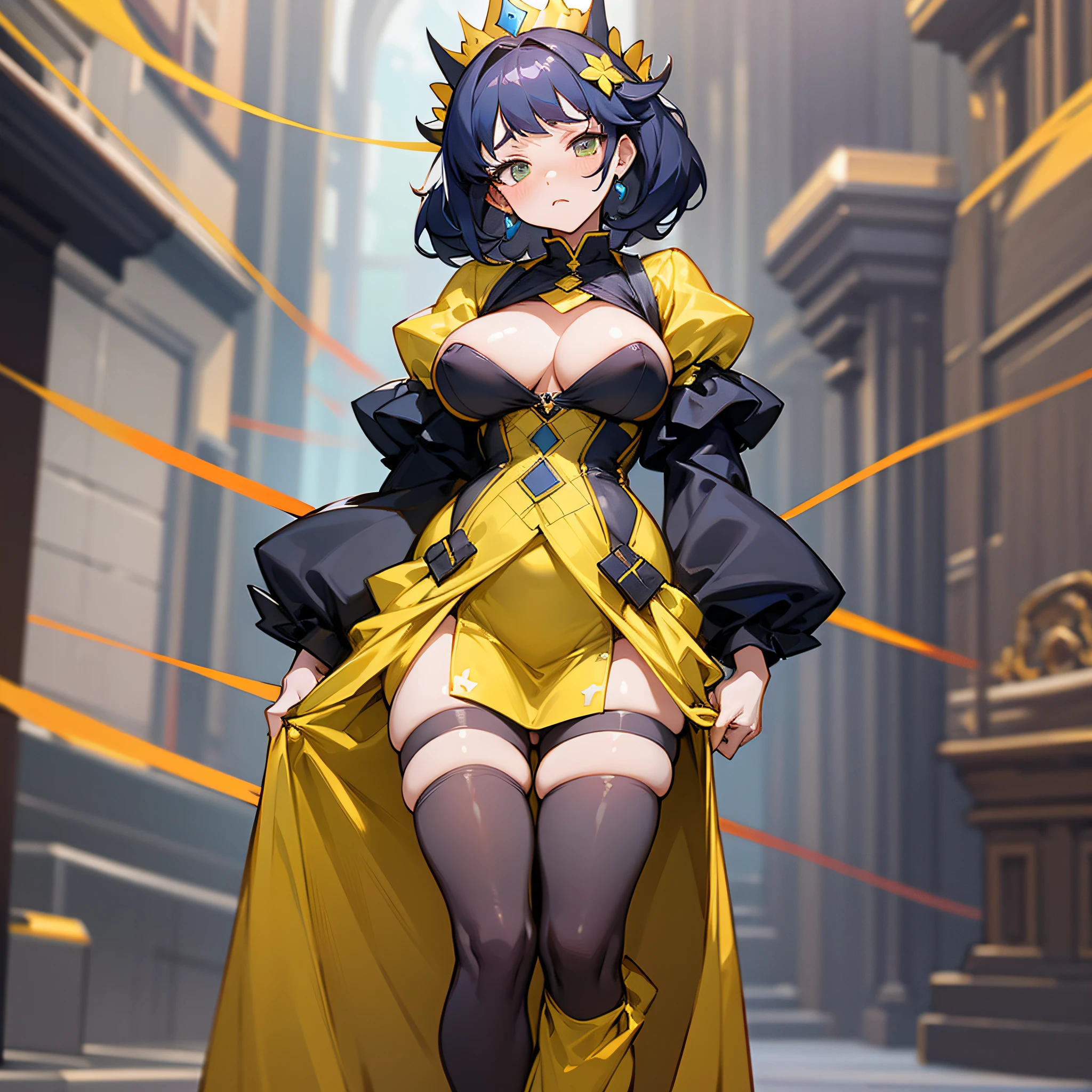 Puffy nipple, busty woman, close-fitting clothes, body tied to a string, chagrined expression, black and yellow, princess dress, full body