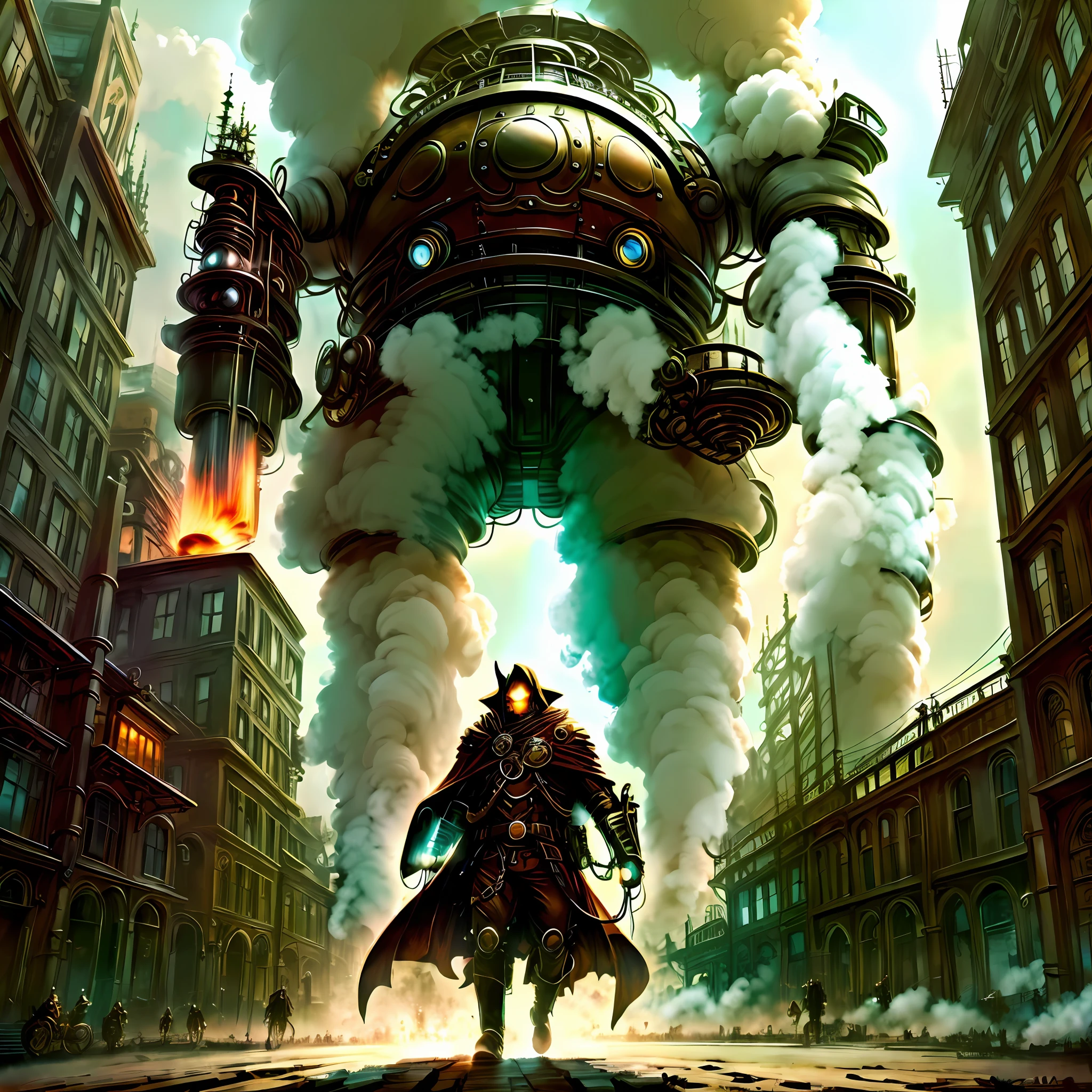 Bloodborne cloak hunter against a giant steam-powered mechanical being who is only head-exposed like the colossal titan in the atack on Titan cape in the middle of a steampunk city. --auto --s2