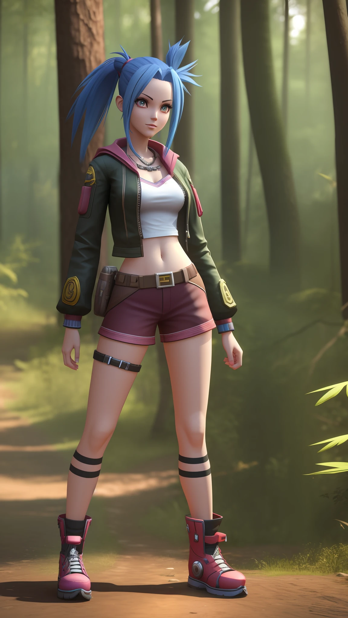 Jinx character, 3d render image of video game with short clothes in forest --auto --s2