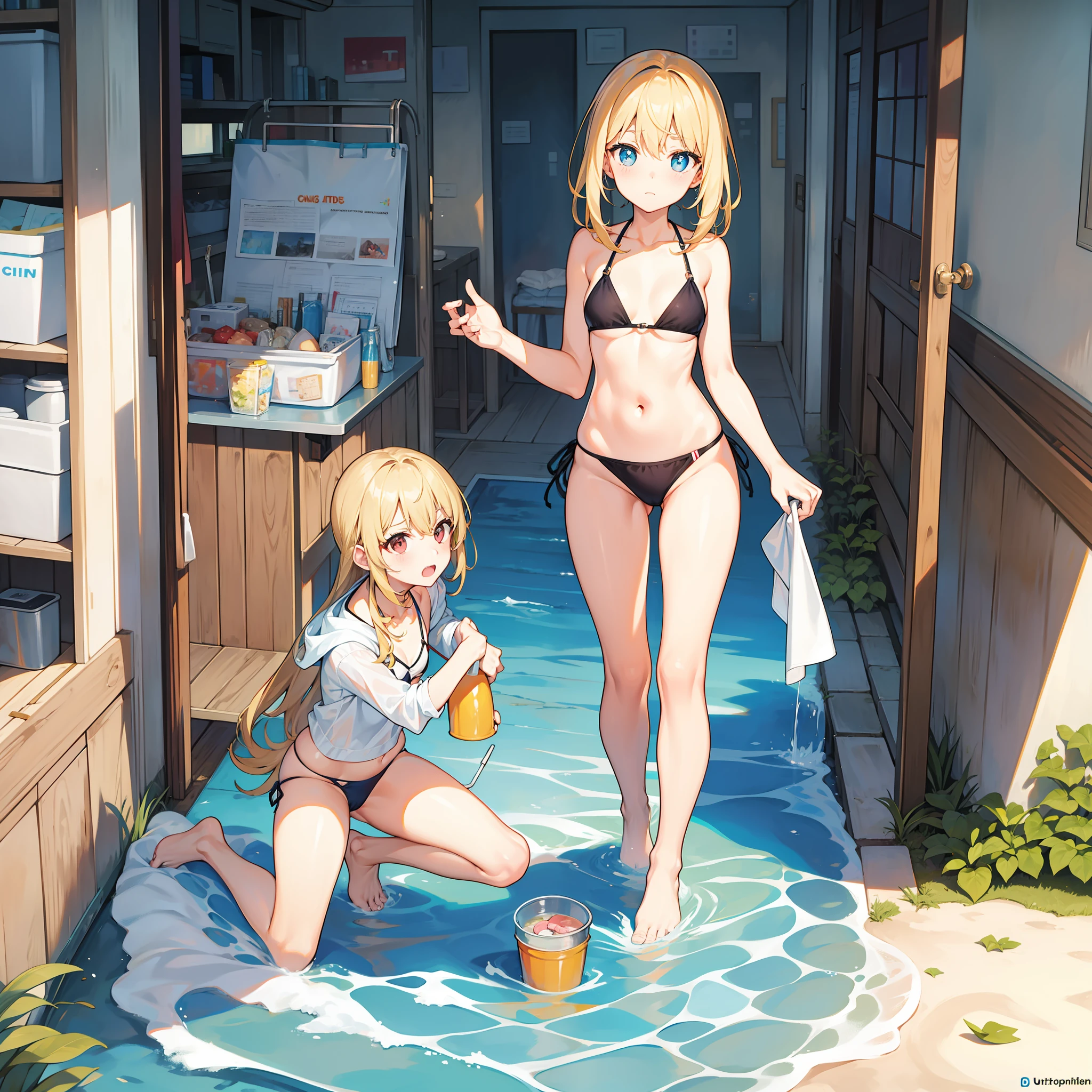 Lori, bikini, barefoot,, flat chest, urinary incontinence, urine,