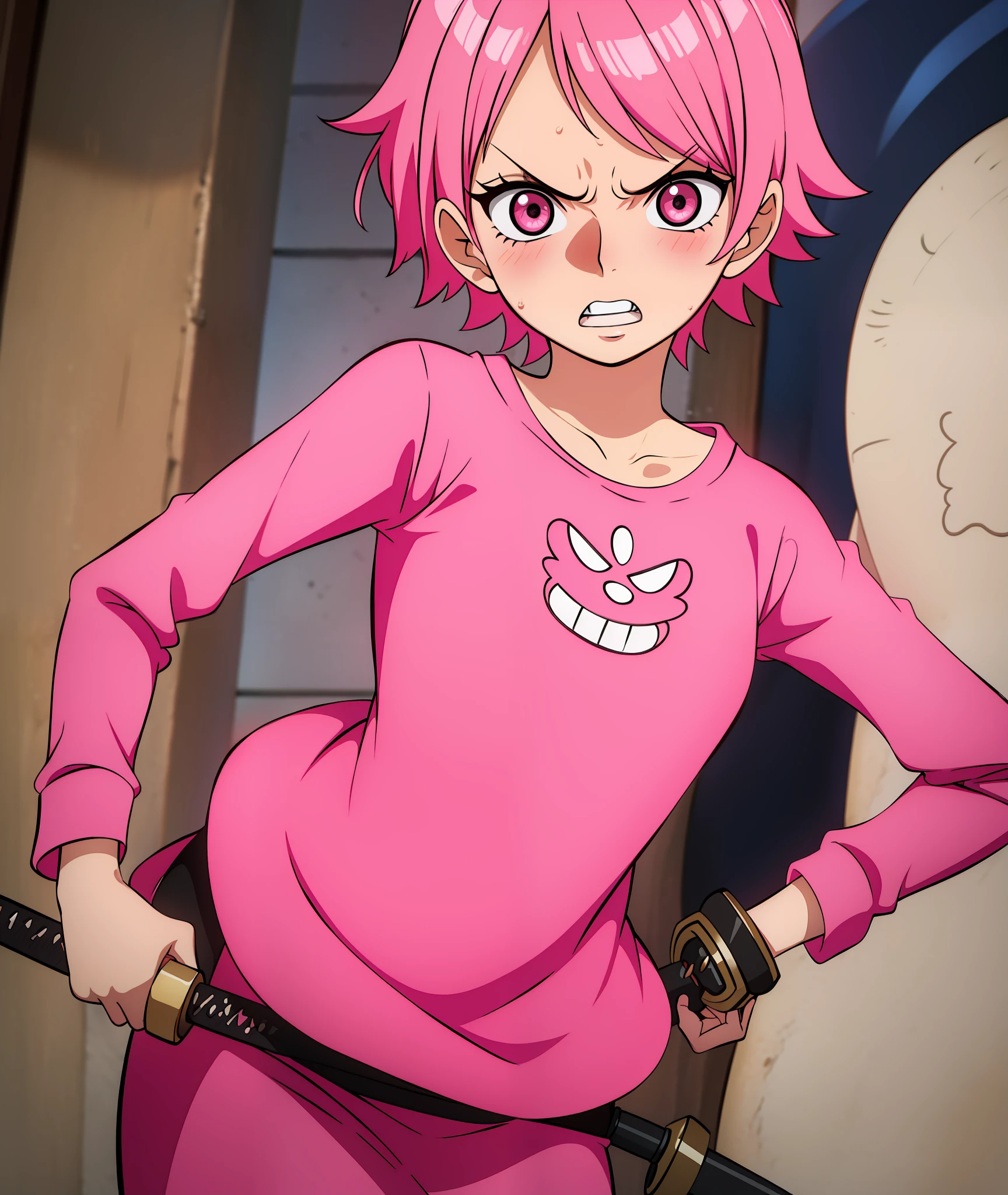 1girl, pink hair, short hair, black and pink clothes, flat, pink eyes, mean, short, angry, annoyed, sword, blushing