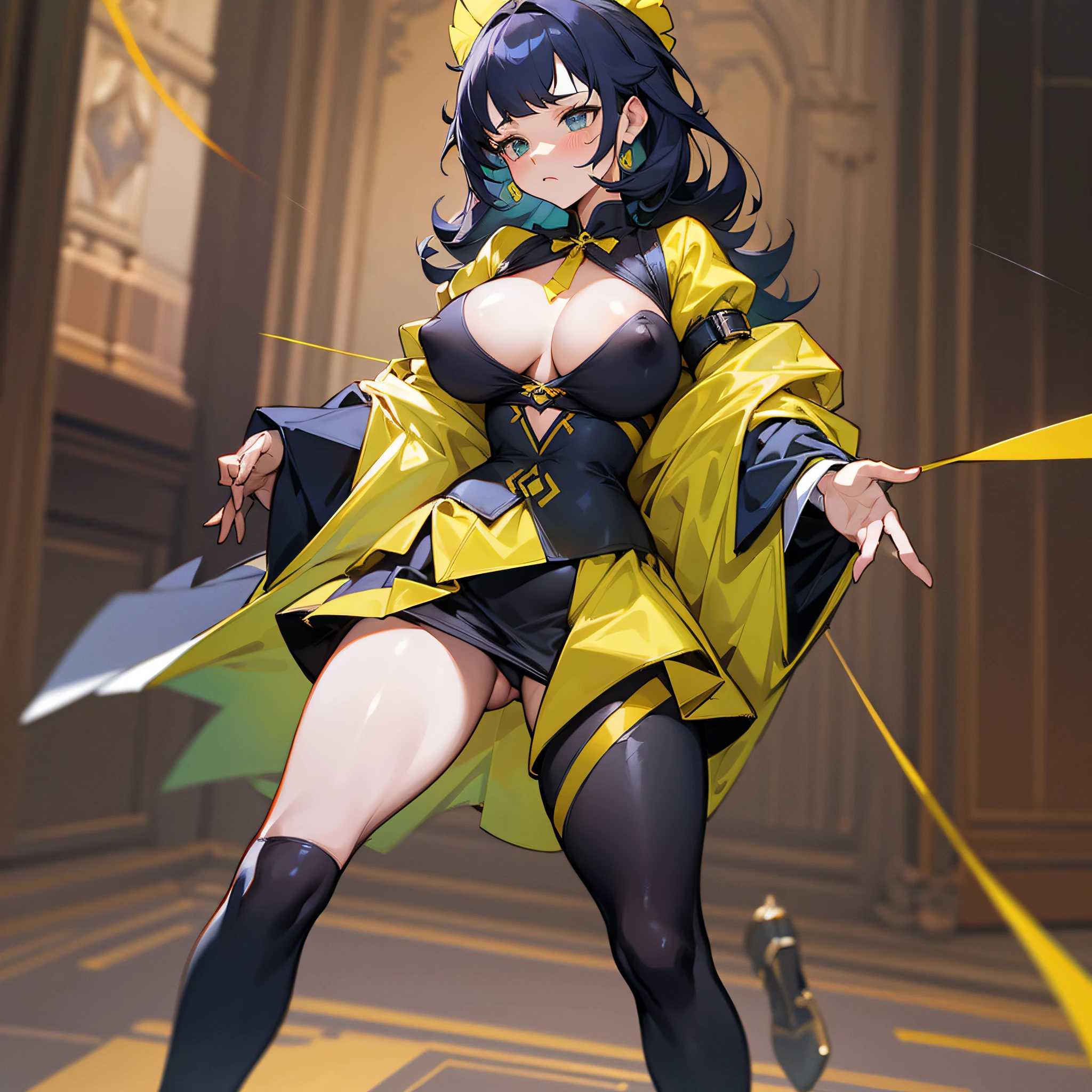 Puffy nipple, busty woman, close-fitting clothes, body tied to a string, chagrined expression, black and yellow, princess dress, full body