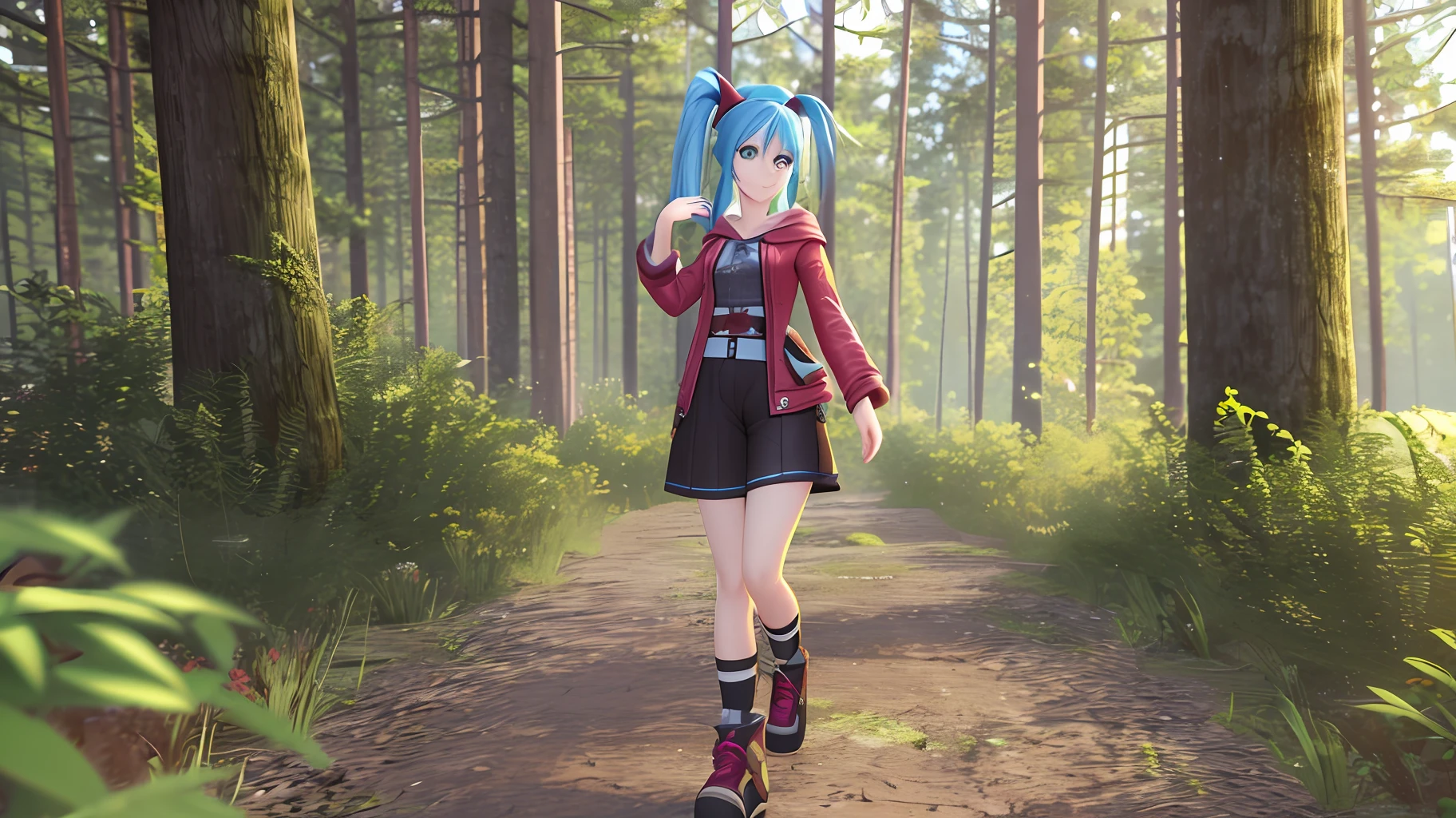 Jinx character, 3d render image of video game with short clothes in forest --auto --s2