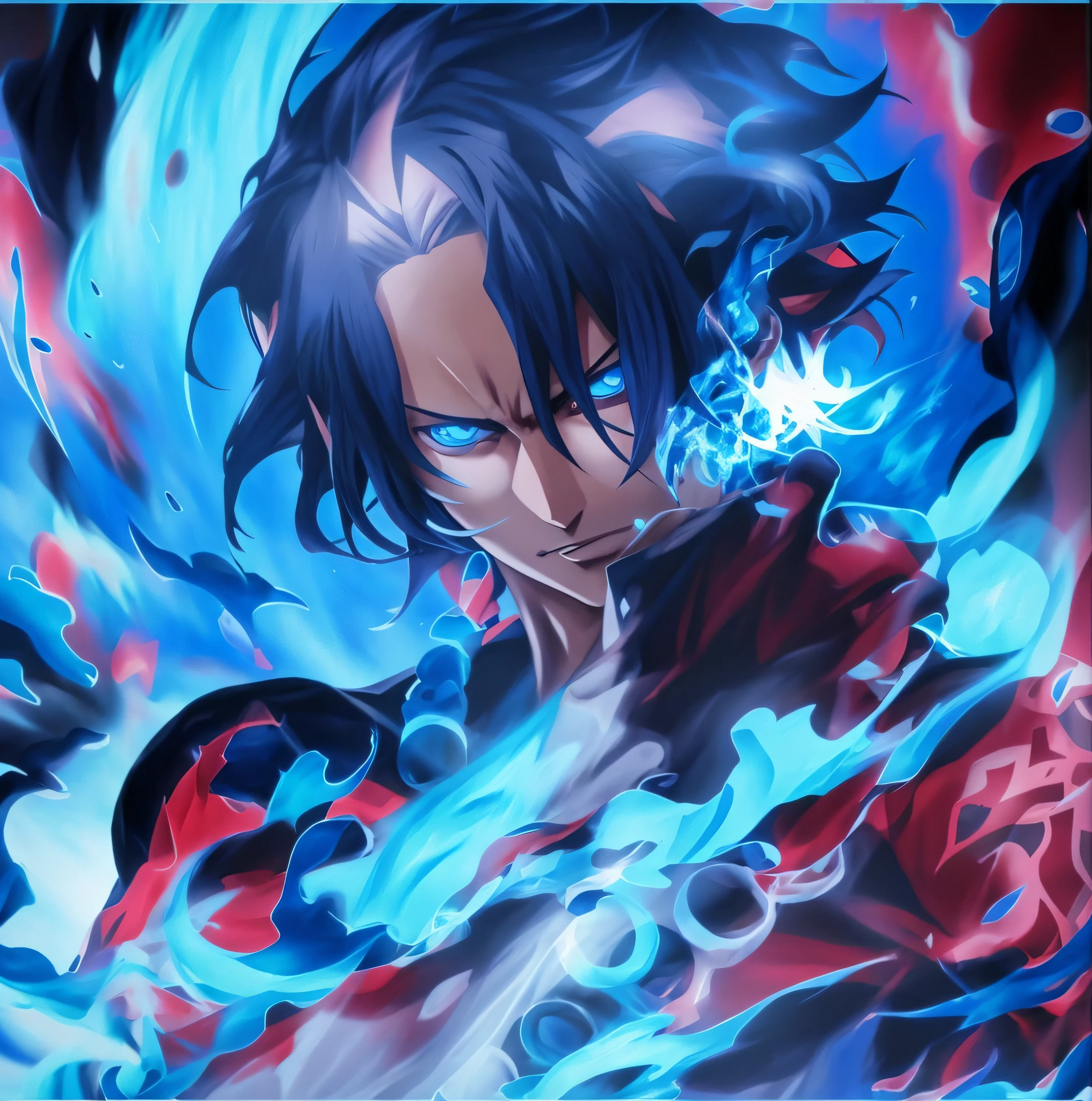 anime character with blue flames on his chest and chest, (fire), cute guy in One Piece art, detailed fanart, gorgeous, gorgeous digital anime art, badass 8k anime, fire! full body, cute, 8k, One Piece's Ace character, unreal engine 5, 3D animation
