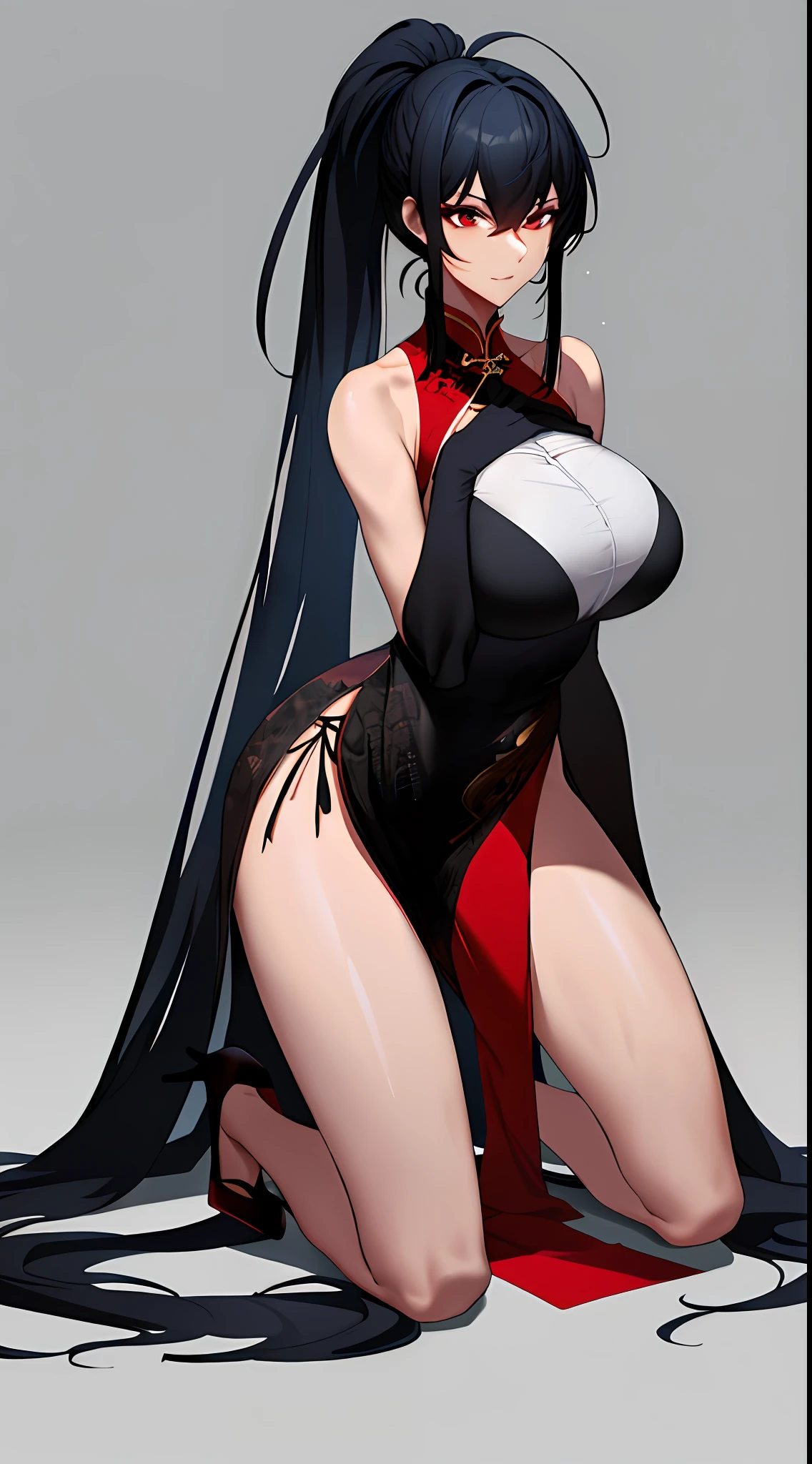 Two-dimensional, mature woman with black hair, long hair, high ponytail, tall figure, big chest, cheongsam, black silk, high heels, thin waist, long legs, thin legs, bare shoulders, bare legs, bare chest, super clear, many details, kneeling, flushed, drenched, sweaty
