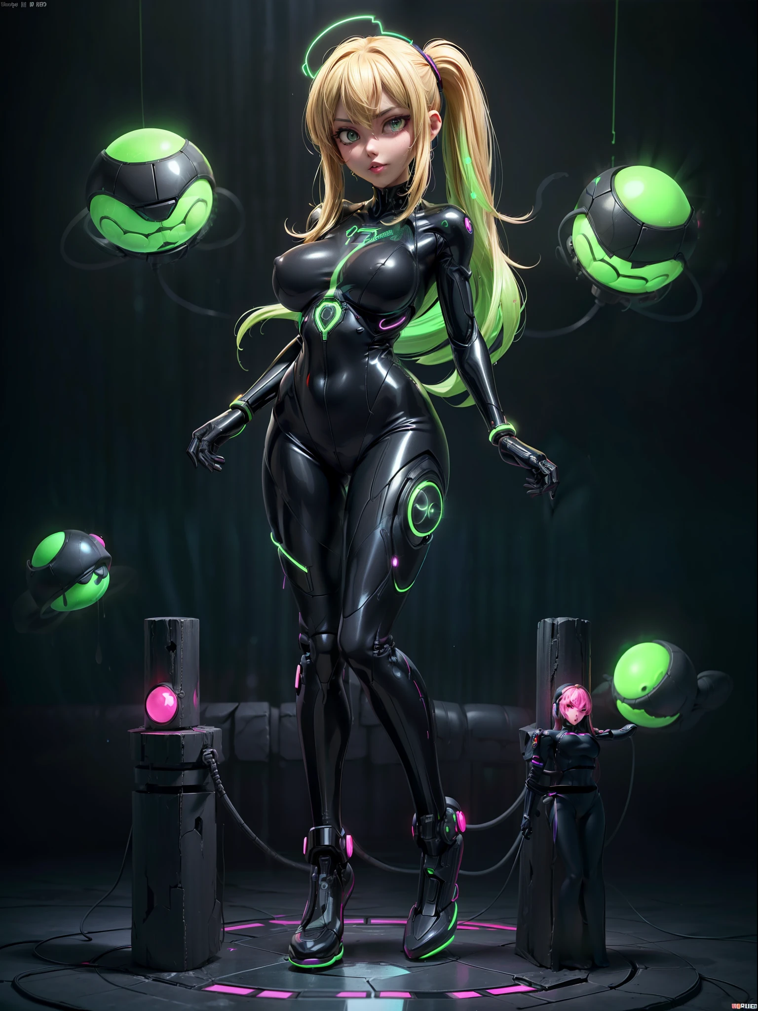 ((full body):2), {(Only one woman)}:((Wearing Samus Aran's cybernetic suit in all black with neon parts, extremely tight on her body):1.2), ((has extremely large breasts):1.2 ), (is looking at the viewer, making erotic poses, giving a small and simple smile):1.2). ((Alien dungeon full of slimy aliens and alien gear with neon lights):1.2), anime, anime style, 16k, UHD, masterpiece, ((high quality, high details):1.4)