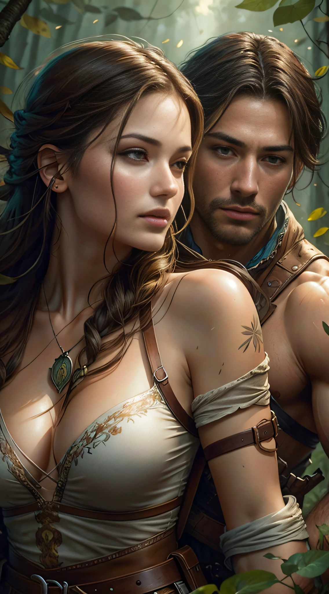 Detailed faces. Brunette Lara Croft and her strong lover being intimate, close-up, Masterpiece, best quality, oil painting, soft colors, flowing brush strokes, Low angle, sunny day, in a forest, bare shoulders, beautiful look, in the style of Russ Mills, Sakimichan, Wlop, Loish, Artgerm, Darek Zabrocki, Jean-Baptiste Monge, Realistic.