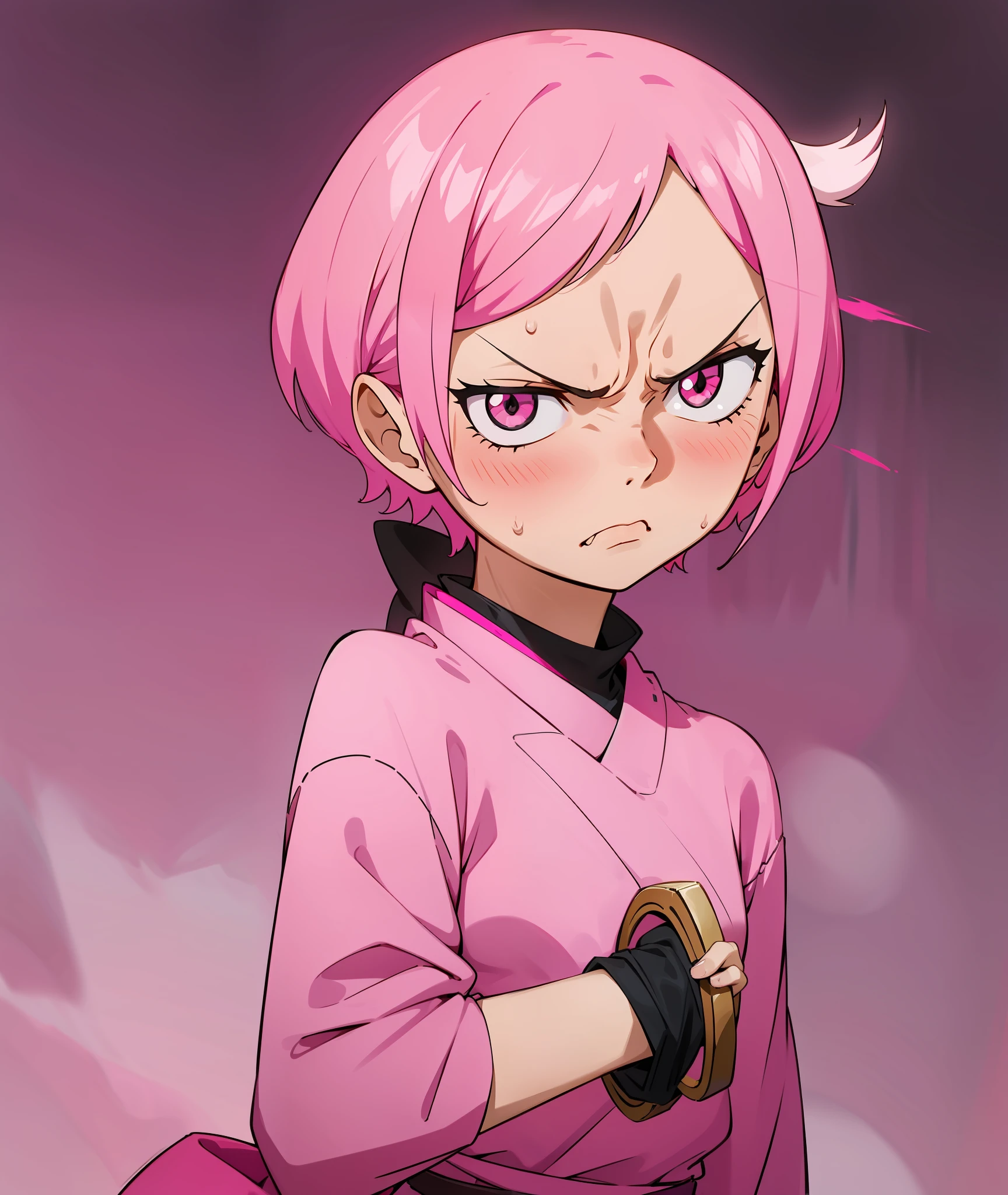 1girl, pink hair, short hair, black and pink clothes, flat, pink eyes, mean, short, angry, annoyed, sword, blushing