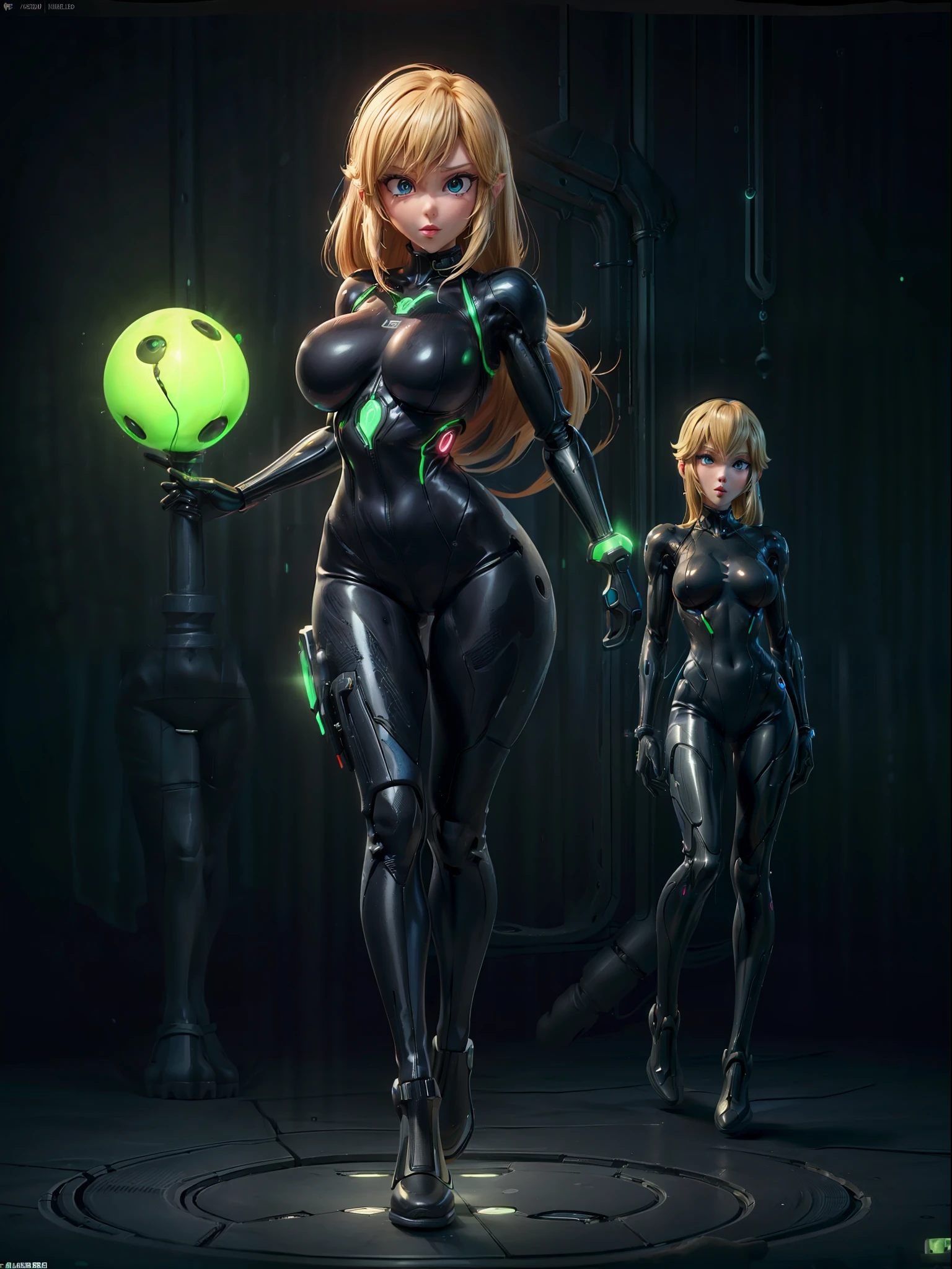 ((full body):2), {(Only one woman)}:((Wearing Samus Aran's cybernetic suit in all black with neon parts, extremely tight on her body):1.2), ((has extremely large breasts):1.2 ), (is looking at the viewer, making erotic poses, giving a small and simple smile):1.2). ((Alien dungeon full of slimy aliens and alien gear with neon lights):1.2), anime, anime style, 16k, UHD, masterpiece, ((high quality, high details):1.4)