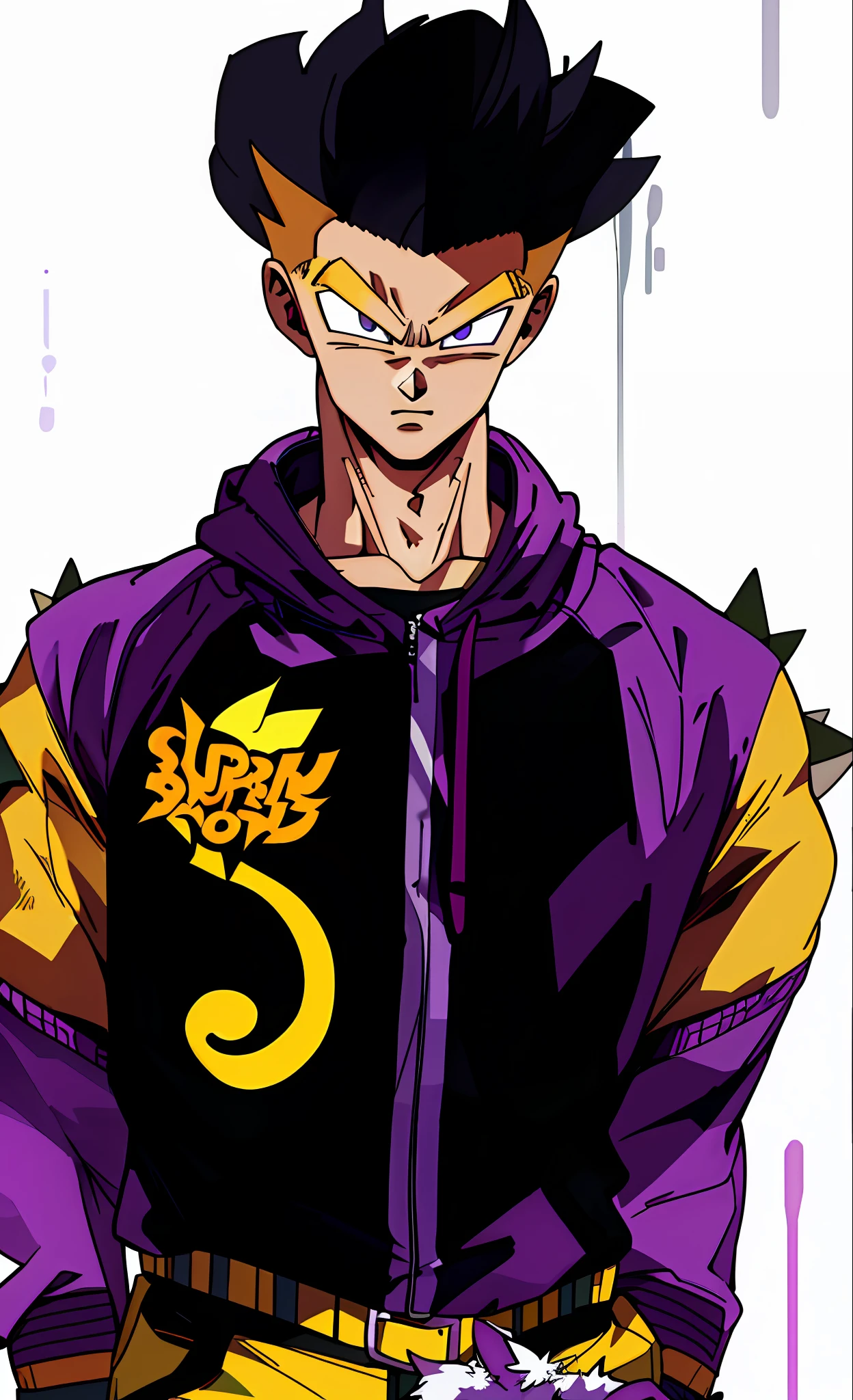 super saiyan, yellow spiky hair, green lipstick, purple jacket, hoodie, bears on arms, yellow belt, yellow S, expressionless, hd, highres