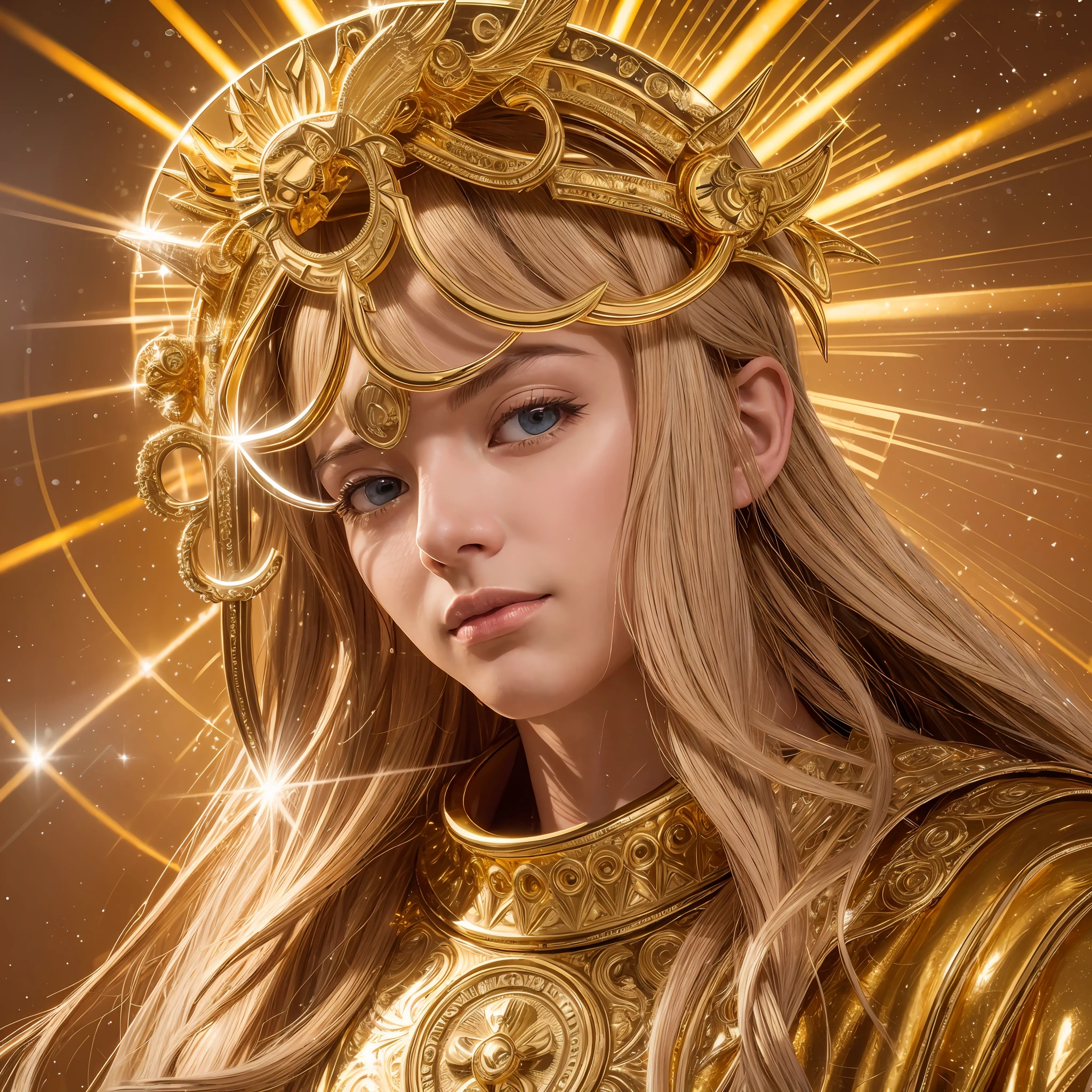 Highly detailed portrait of a sun god Jesus Christ halo of light, gold, --auto --s2
