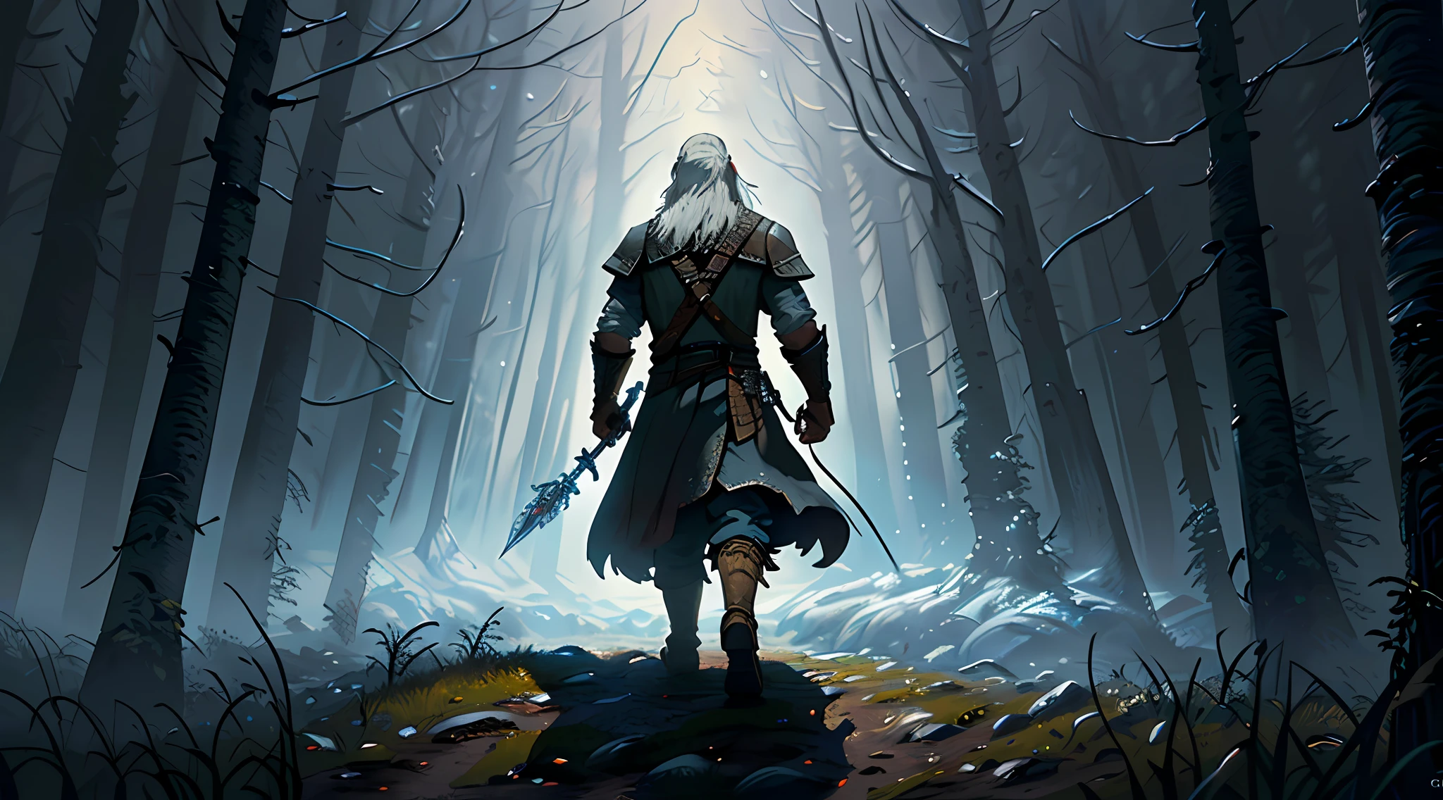 (8k unit wallpaper CG extremely detailed, masterpiece, best quality, ultra-detailed), (((solo)))), (extremely wide shot), geralt the wizard looking at a werewolf, bright eyes, (full body), (back view), dynamic pose, (high details), (intricate details), intricate, incredible high details, highly detailed environment, illustrator, (masterpiece), art by Greg Rutkowski.