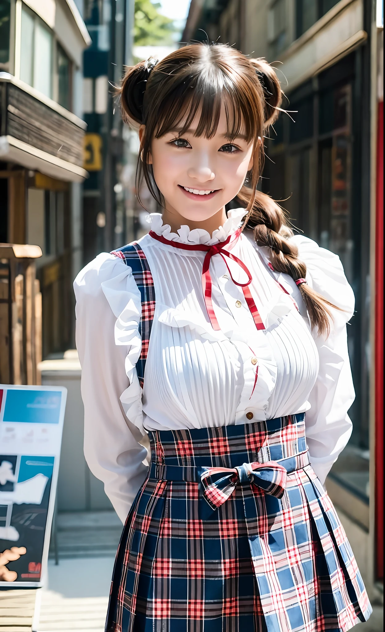 The scenery is a street lined with summer clothing stores. Meanwhile, a young girl is standing with a smile. She wears a blouse with white ruffles, which also has a white ribon. Wearing a pleated skirt with red tartan check. Her hair is twin-tailed with thick bangs and is aligned. Large breasts are noticeable. The girl is looking around with a curious expression and seems to be preparing for a new adventure. With details that are exquisitely reproduced down to the smallest detail, please express her expression and even the texture of the fabric of the clothes. In the highest quality, draw a full-length picture of her as a fashionable, fashion snap model.