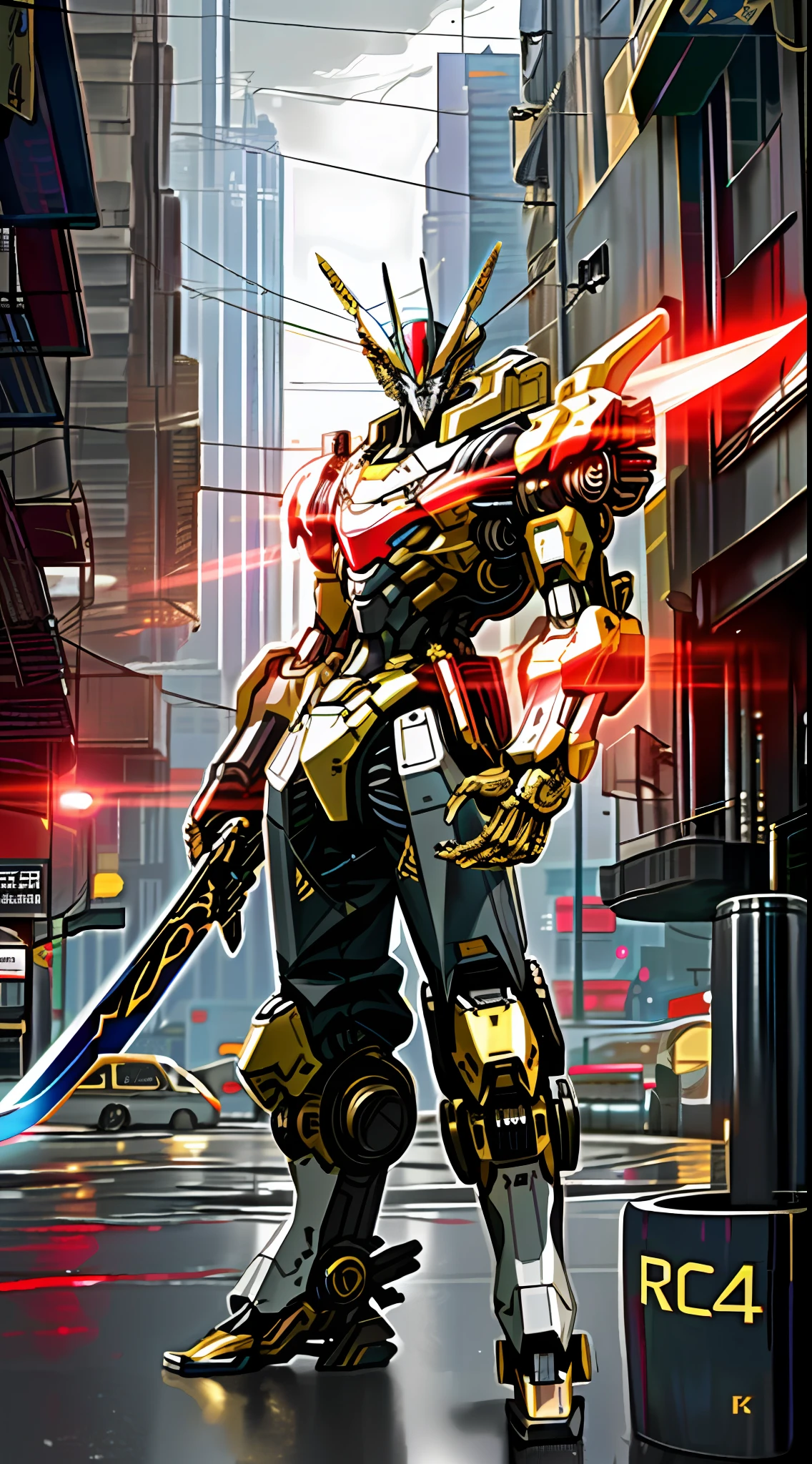 Best Quality, 4K, (Realistic: 2.0), Mecha, Realistic, HD, Sword Drawn, Cool, Gold and Red, Dark, 4K, City, Cyberpunk, Premium,