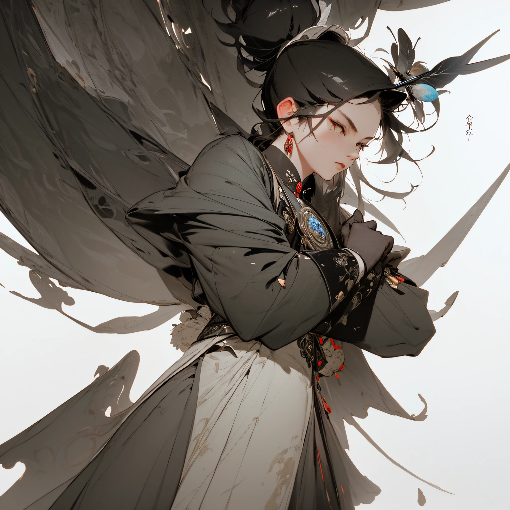 master, chief ((extreme detail)),(ultra-detailed),(painting), chiaroscuro, extremely detailed CG unity 8k wallpaper, gwendolyn, hip feathers, holding polearm, strapless dress, crown, detached sleeves, choker, armored thigh boots, feather hair buns, facing forward, looking at viewer, white background, bug, butterfly, grass, hydrangea, leaf, mushroom, nature, plant, apple, looking away, looking up, from above, gwendolyn, hip feathers, strapless dress, crown, detached sleeves, choker, armored thigh boots, feather hair buns, holding polearm,