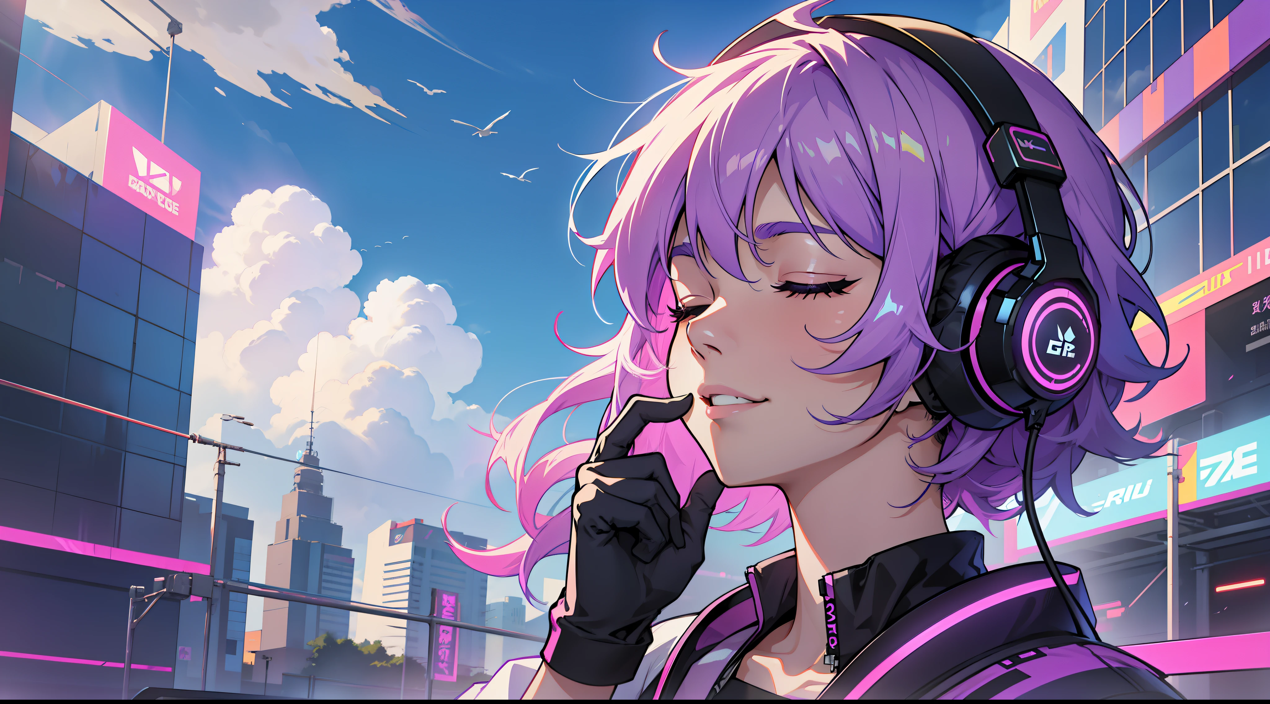 Woman with peace sense headset, closed eyes, beautiful face, RGB colors, bright purple hair, anime, banner for youtube video, happy girl, clouds with RGB colors, bright RGB colors.