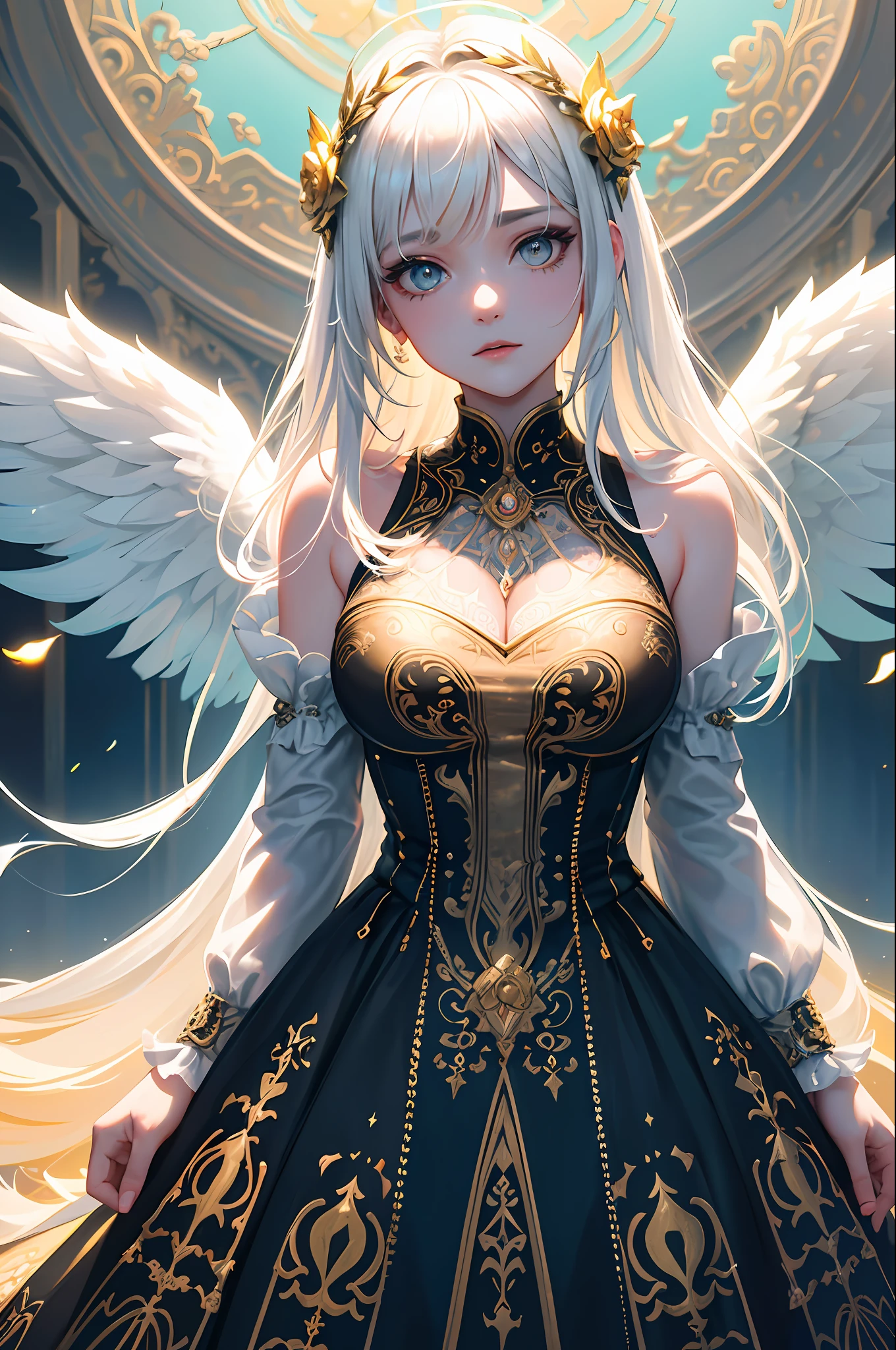 (Masterpiece:1.2), best quality, (illustration:1.2), ornate decorations,(Masterfully crafted Glow, lens flare), (ultra-detailed), hyper details, (delicate detailed), (intricate details), (cinematic light, best quality Backlights),(bioluminescent hair), (glowing eyes), (Dynamic:1.2), ((makeup)), absolutely eye-catching, prehistoric,((colourful paint splashes on background, dulux,)), ((caustic)), dynamic angle, (Captivating),(Intricately Detailed Cinematic :1.1), ambient occlusion, ambient light, ray-traced reflections,(best illumination, an extremely delicate and beautiful), ((cinematic light)), colourful, powerful, (Cinematic masterpiece),big dreamy eyes, perfect proportions, perfectly drawn face, Albedo, white hair, chains, comfortable, Intense, day, Golden sky, Inticing, illustration, Angels everywhere, yellow eyes, red roses, chains, splashes of colour, smooth soft skin, Golden Hour, atmospheric, Park, Fields, Bullets, Breath-taking, ambient light coming from sky, soft warm glow coming from chains, god rays, halo, beautiful intricate coloured hair, symmetrical, soft lighting, , concept art, digital painting, looking into scenery, realistic reflections, tracers everywhere