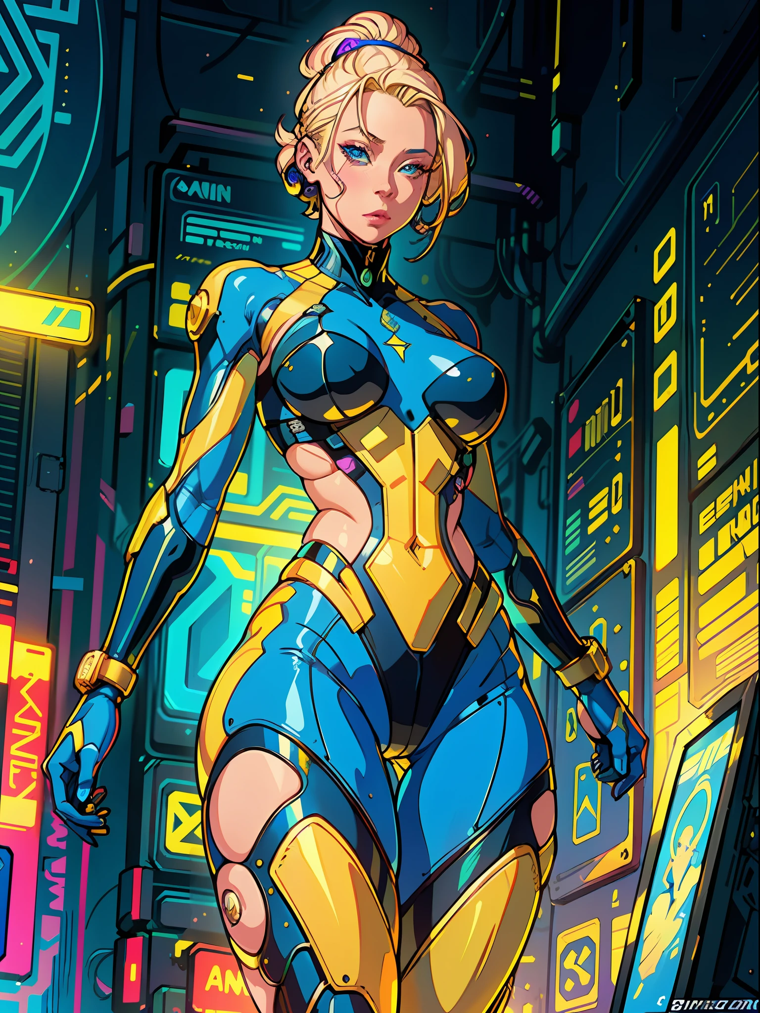 a very intricate and hyper-detailed digital painting of a blonde-haired woman wearing blue and yellow uniform, art by Josan Gonzalez, winner of the behance contest, afrofuturism, synthwave, neon, neon shiny perfect body beautiful legs big breasts, bionic arm very short hair, thicc, cutesexyrobutts, big