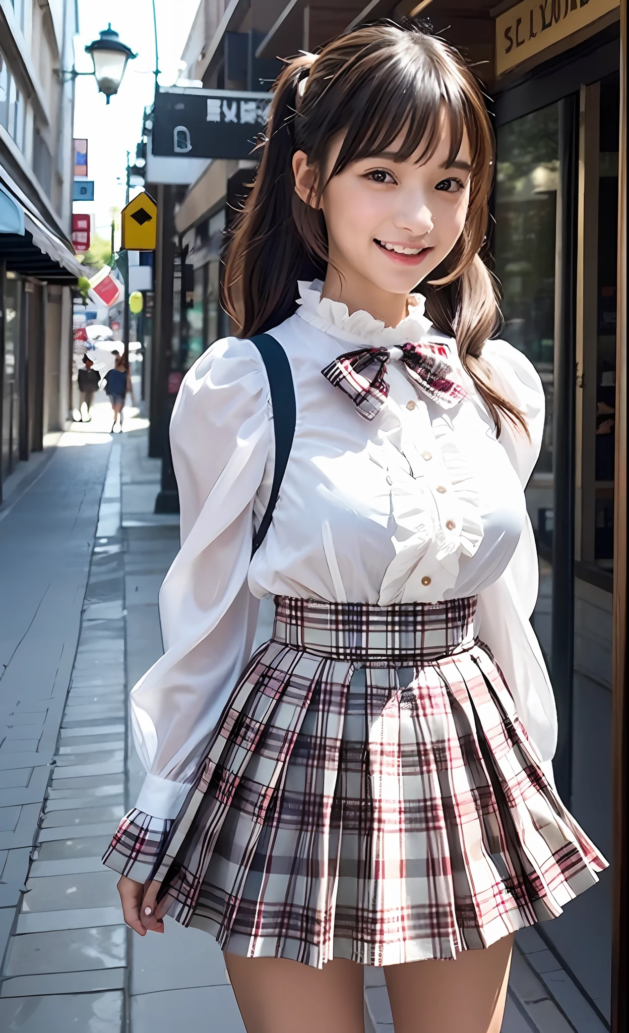 The scenery is a street lined with summer clothing stores. Meanwhile, a young girl is standing with a smile. She wears a blouse with white ruffles, which also has a white ribon. Wearing a pleated skirt with red tartan check. Her hair is twin-tailed with thick bangs and is aligned. Large breasts are noticeable. The girl is looking around with a curious expression and seems to be preparing for a new adventure. With details that are exquisitely reproduced down to the smallest detail, please express her expression and even the texture of the fabric of the clothes. In the highest quality, draw a full-length picture of her as a fashionable, fashion snap model.