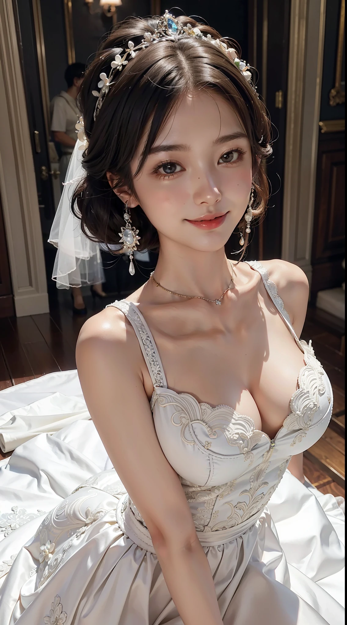 1 girl, smile, shiny skin, delicate face, best quality, masterpiece, (realistic: 1.4), wedding dress, random hairstyle, perfect figure, big breasts, princess