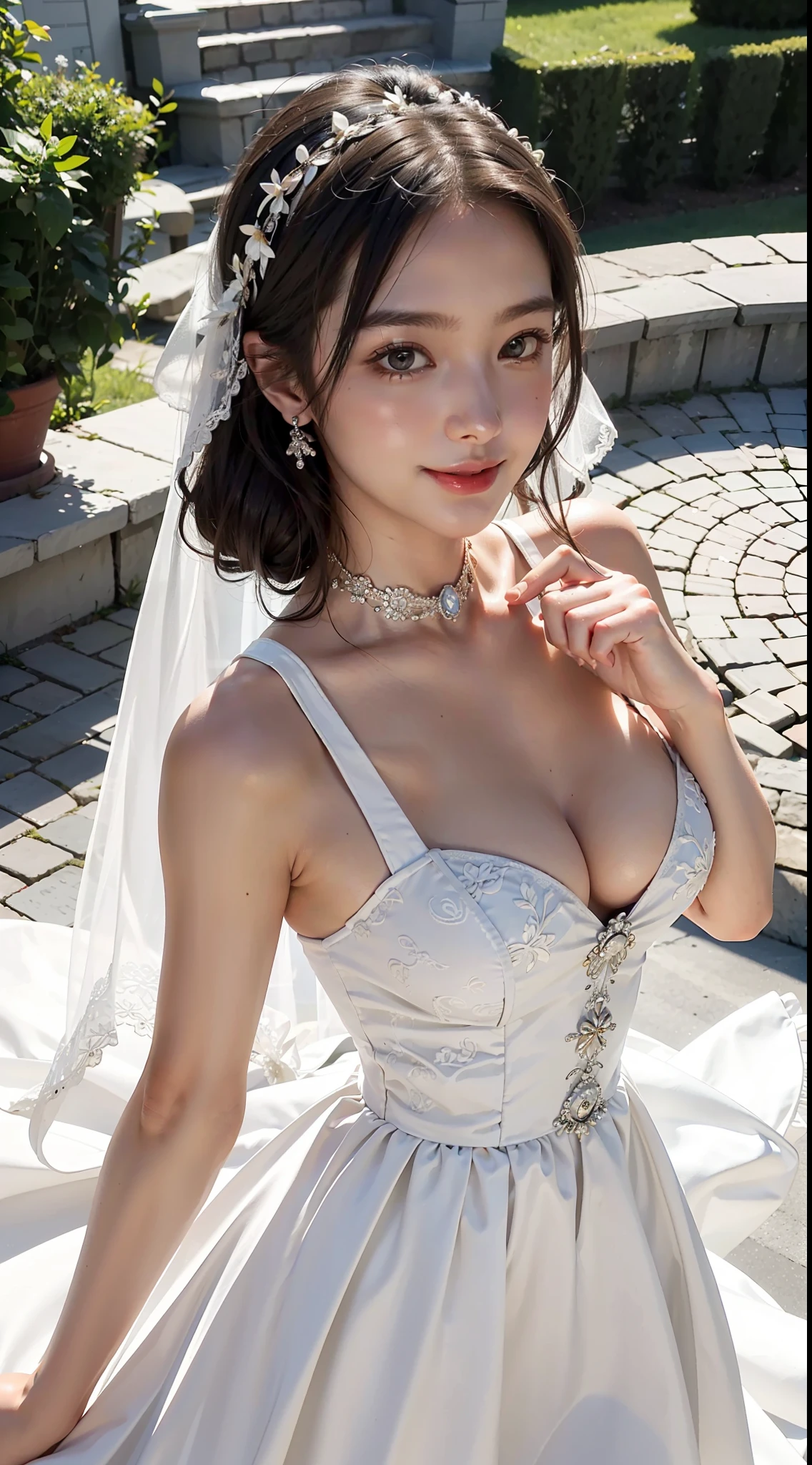 1 girl, smile, shiny skin, delicate face, best quality, masterpiece, (realistic: 1.4), wedding dress, random hairstyle, perfect figure, big breasts, princess