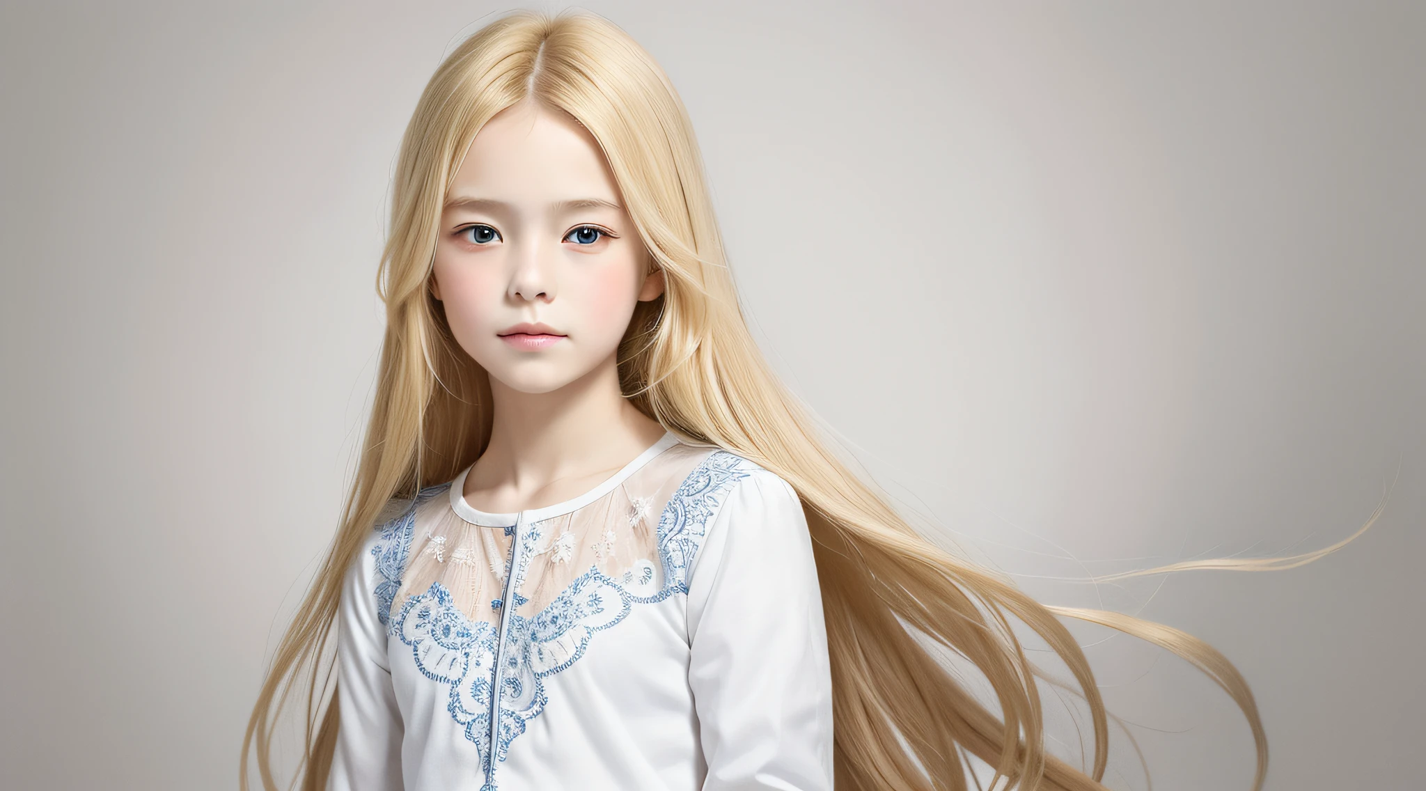 masterpiece, best quality, realistic, 10 year old child girl with blonde hair OF TRANCES, long hair, broad shoulders, small head, upper body, (white background: 1.3), mouth closed.