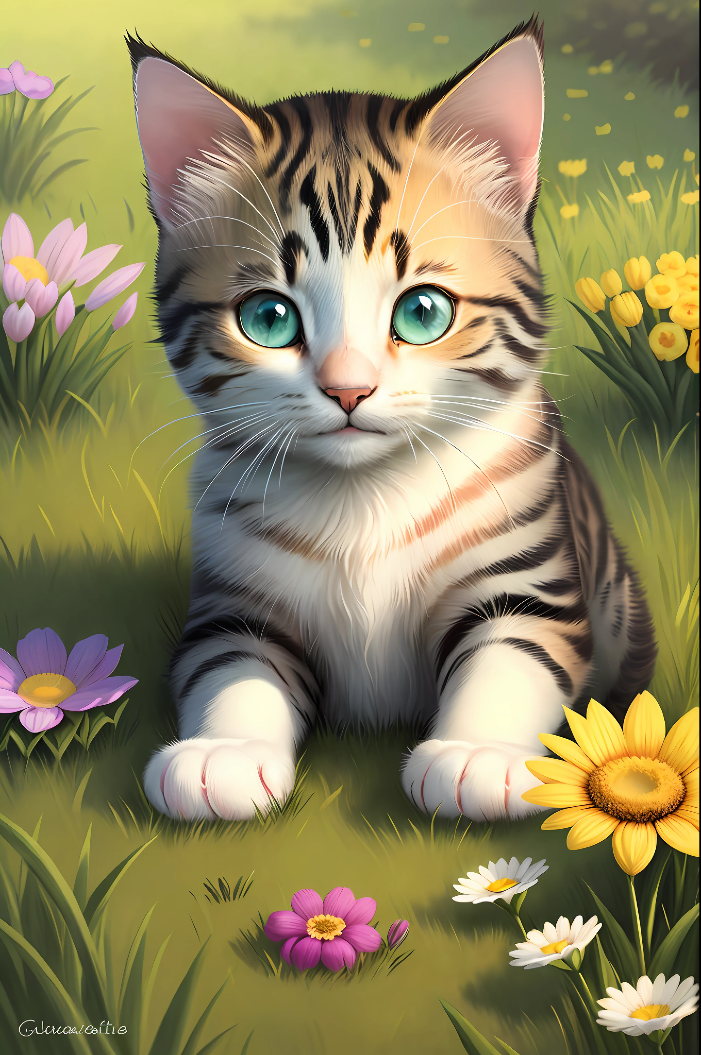 Beautiful cat, eyes open, smiling, grass, flowers and good lighting