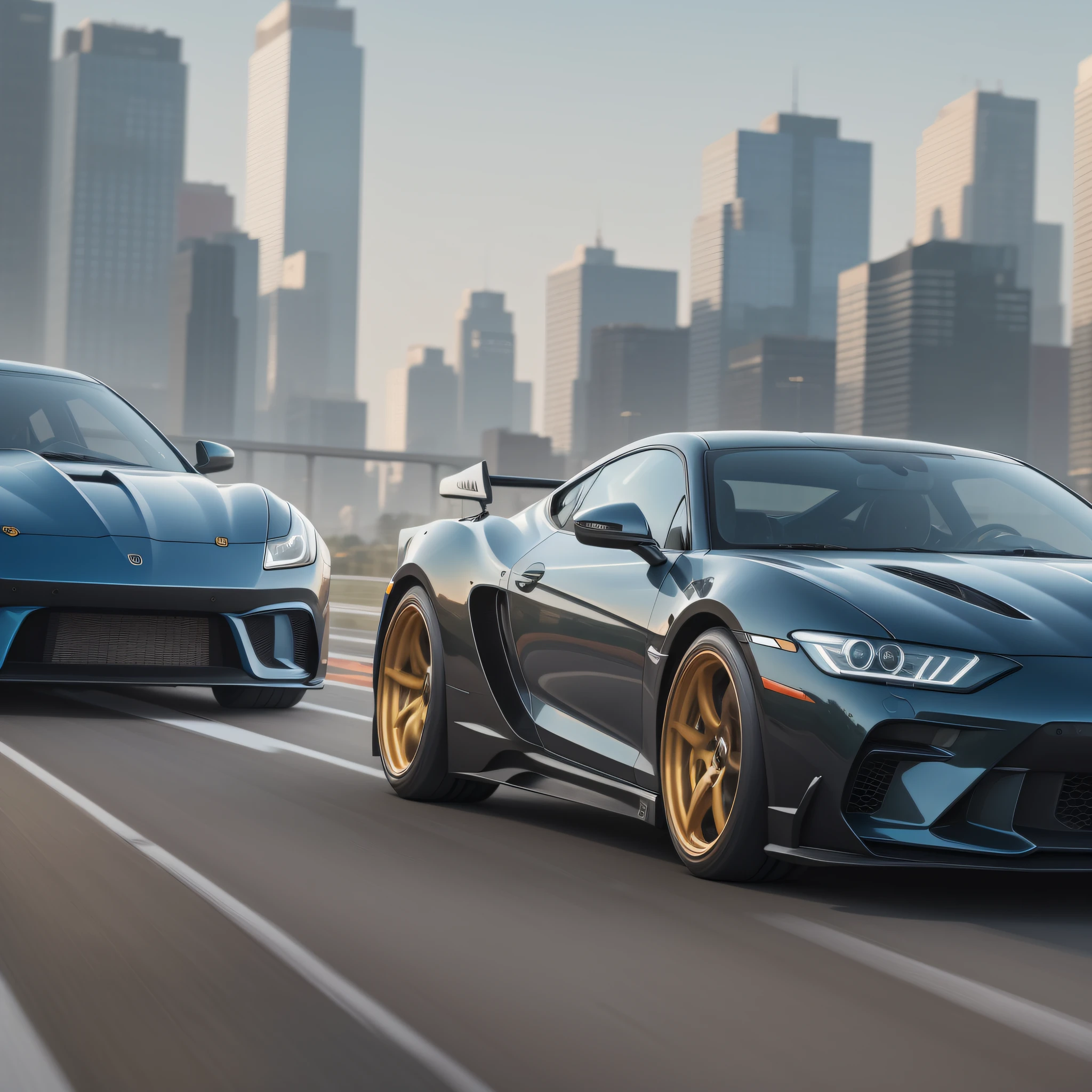 scene of 2 cars on the track, one yellow another blue movie style fast and furious in the city, modern and grandiose buildings in the background, clear track, detail of the car at speed, --auto --s2